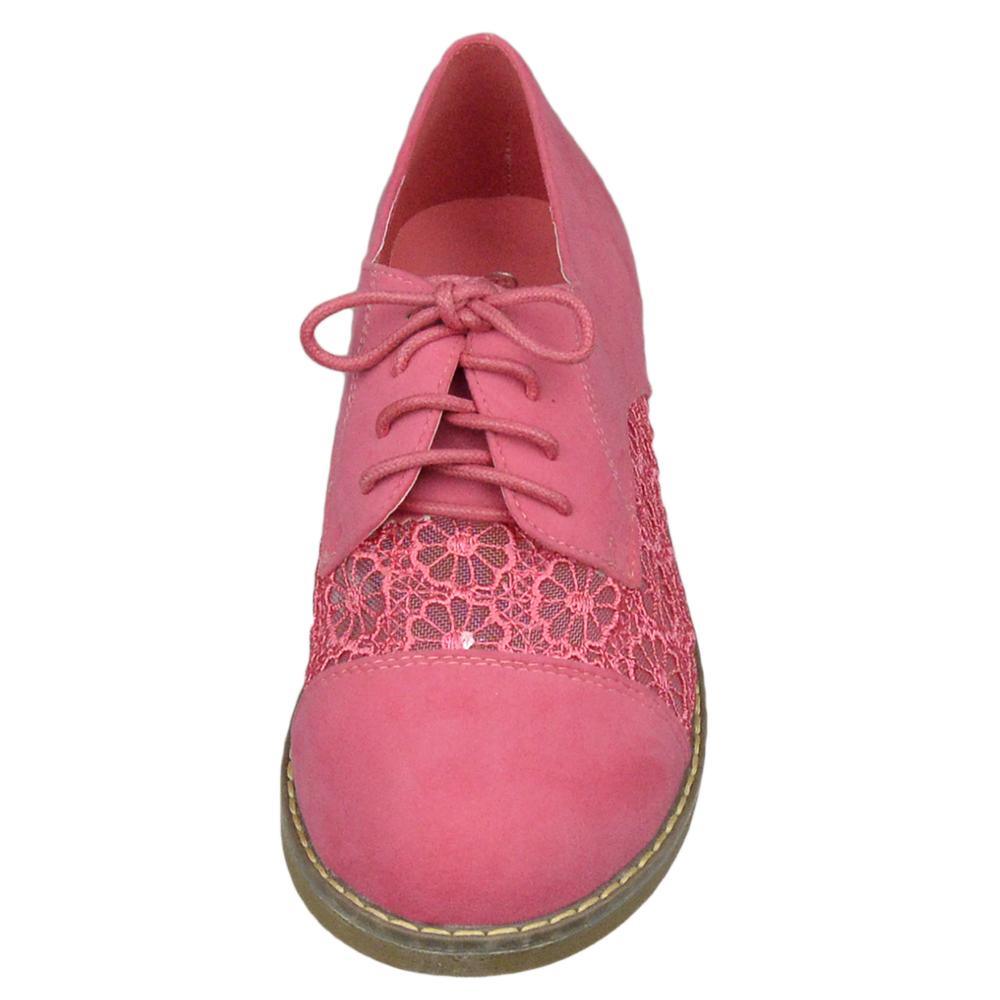 Embroidered Flower Lace Up Oxford Flats Pink Shoes For Women - VirtuousWares:Global