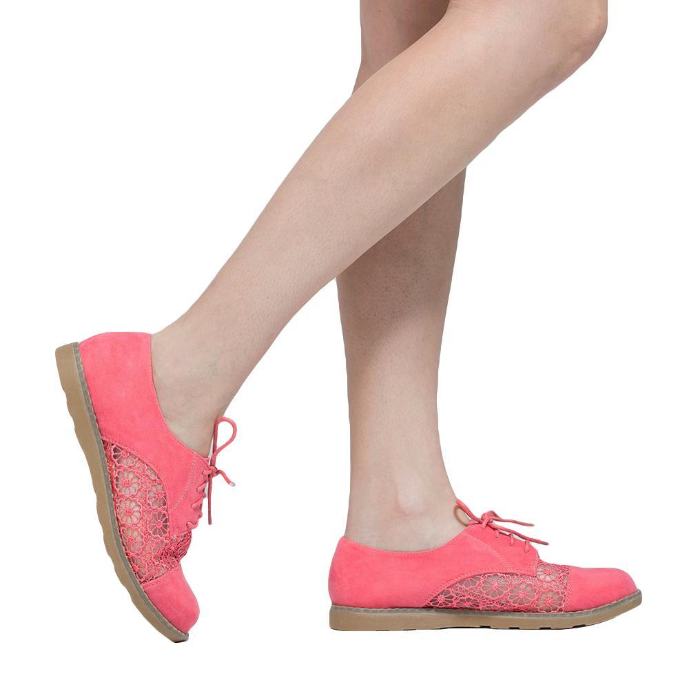 Embroidered Flower Lace Up Oxford Flats Pink Shoes For Women - VirtuousWares:Global