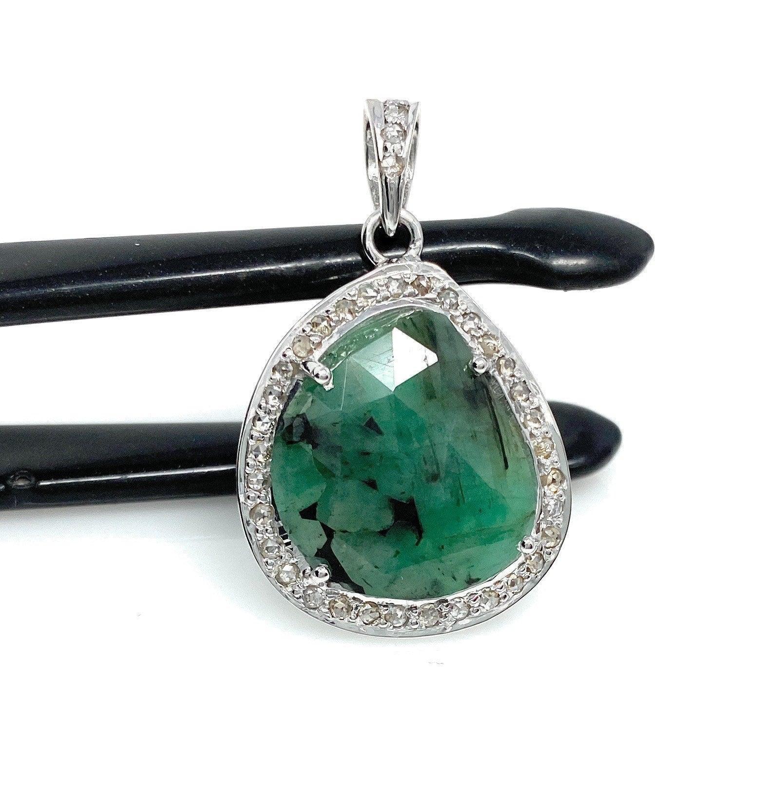 Emerald Diamond Pendant, Natural Emerald Sterling Silver Pendant, May - VirtuousWares:Global