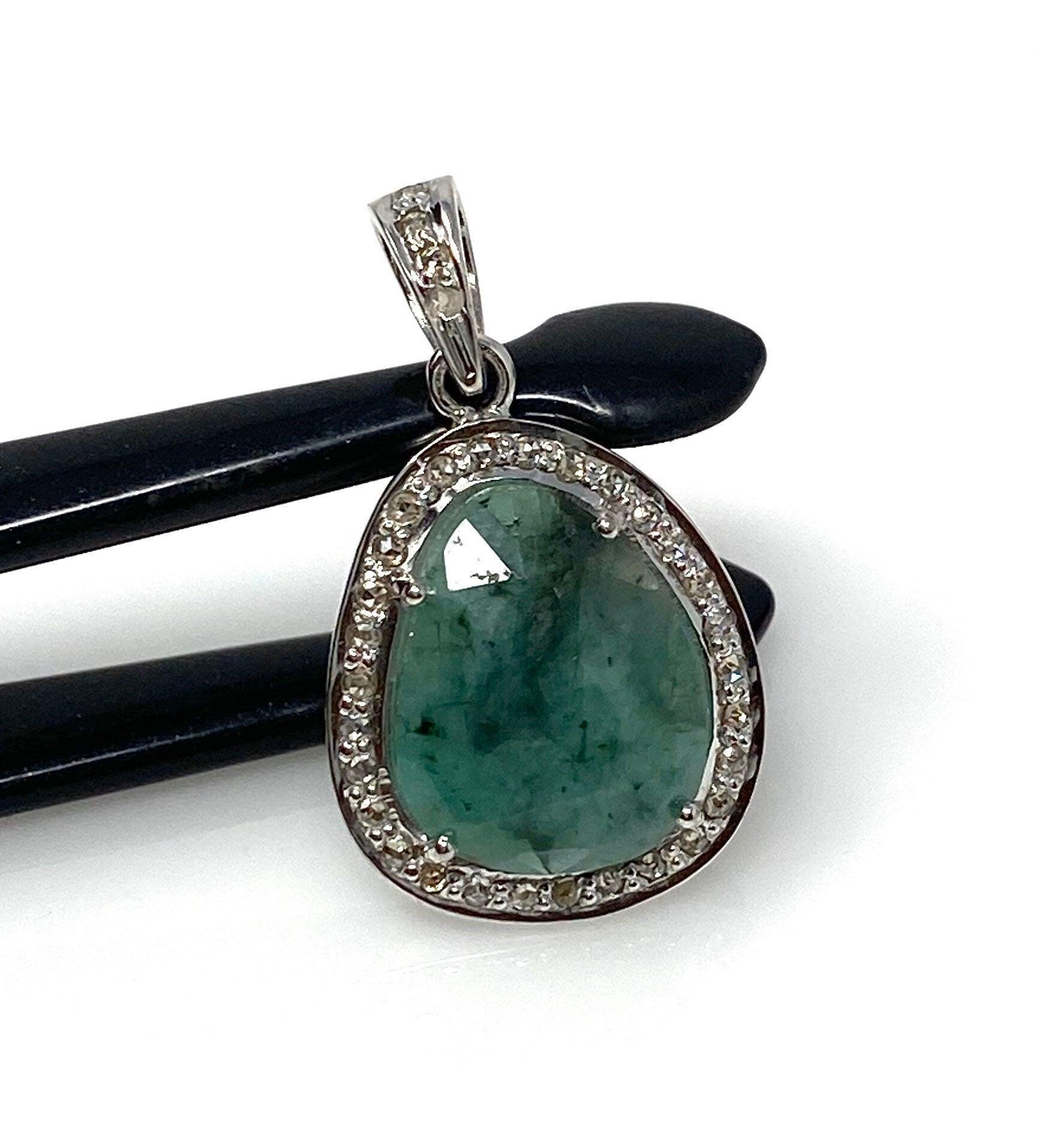Emerald Diamond Pendant, Natural Emerald Sterling Silver Pendant, May - VirtuousWares:Global