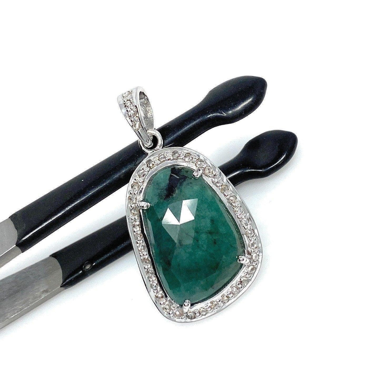 Emerald Diamond Pendant, Natural Emerald Sterling Silver Pendant, May - VirtuousWares:Global