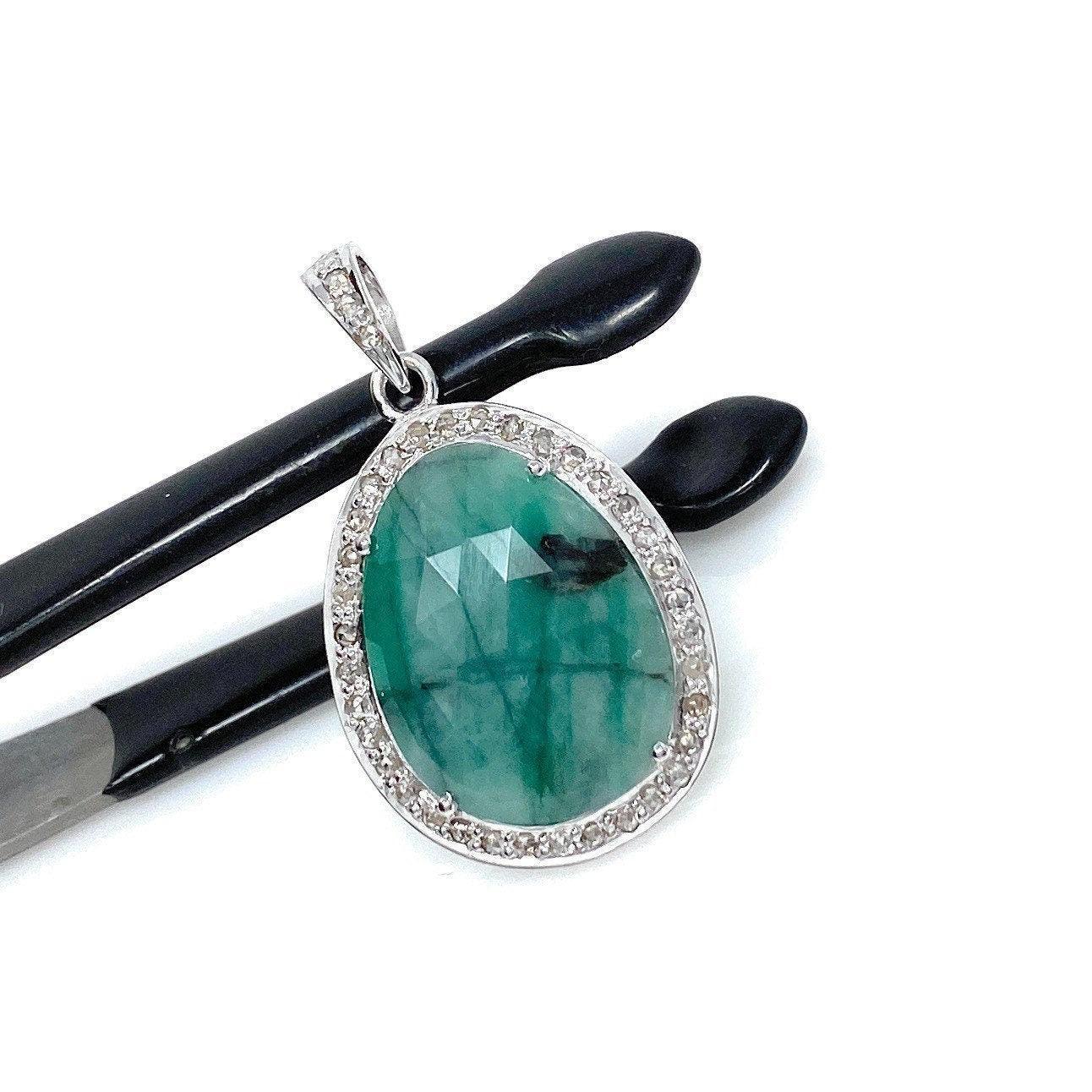 Emerald Diamond Pendant, Natural Emerald Sterling Silver Pendant, May - VirtuousWares:Global