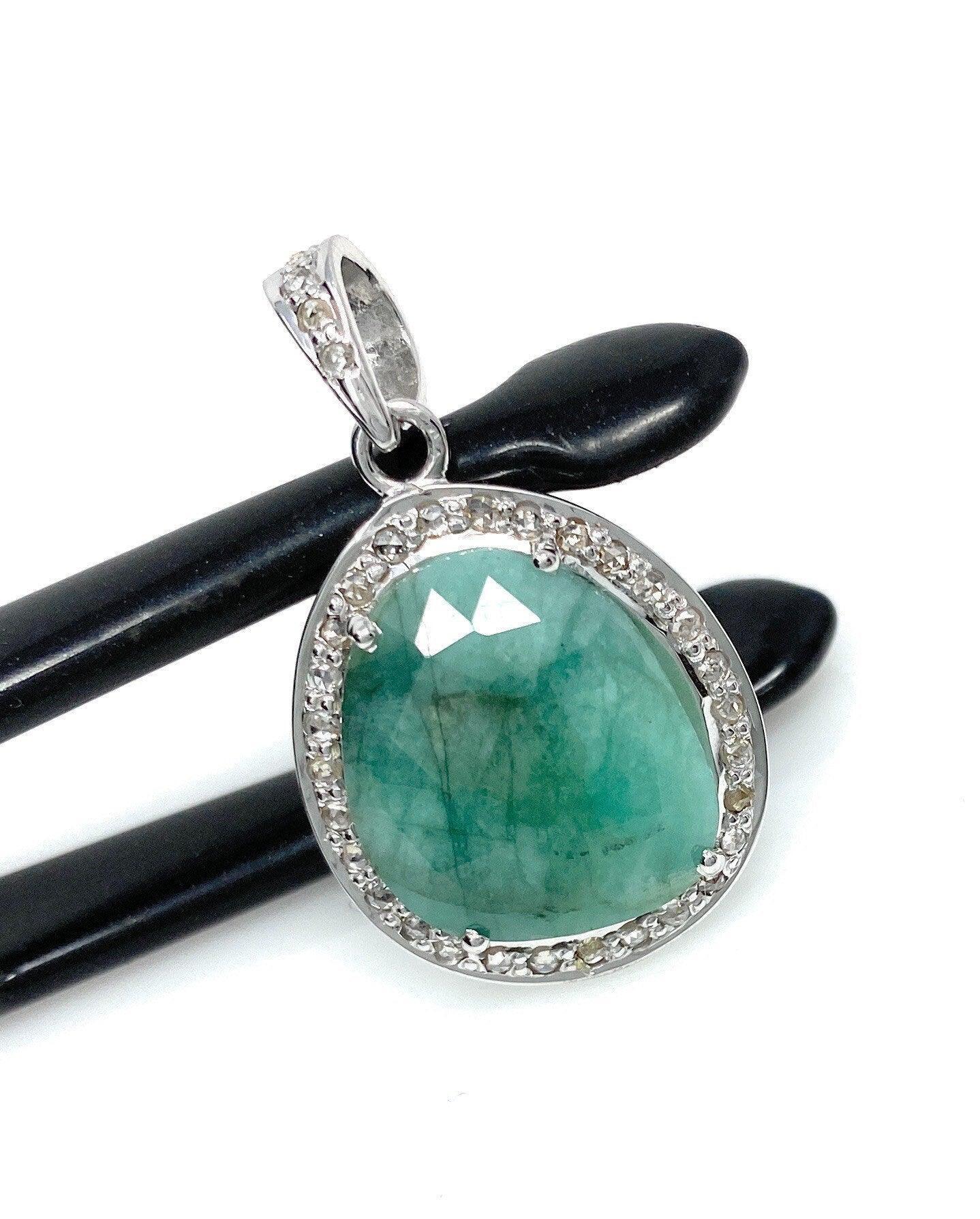 Emerald Diamond Pendant, Natural Emerald Sterling Silver Pendant, May - VirtuousWares:Global
