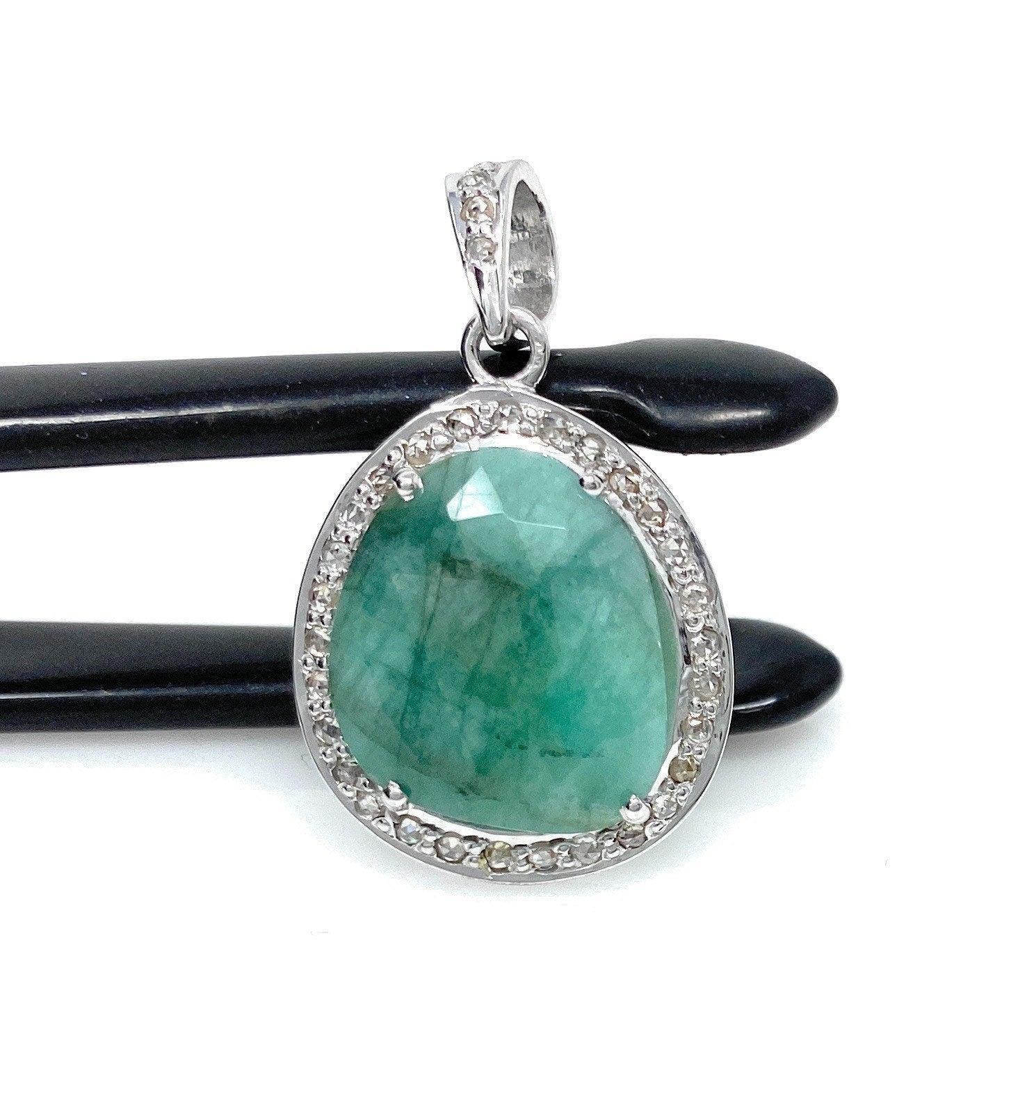 Emerald Diamond Pendant, Natural Emerald Sterling Silver Pendant, May - VirtuousWares:Global