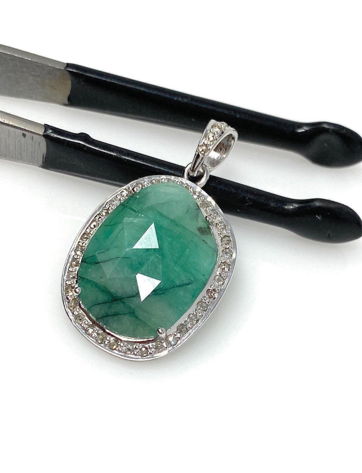 Emerald Diamond Pendant, Natural Emerald Sterling Silver Pendant, May - VirtuousWares:Global