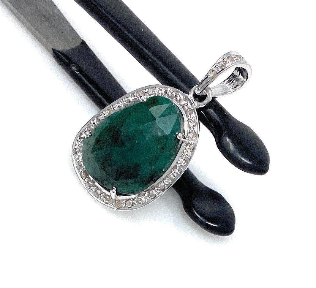Emerald Diamond Pendant, Natural Emerald Sterling Silver Pendant, May - VirtuousWares:Global