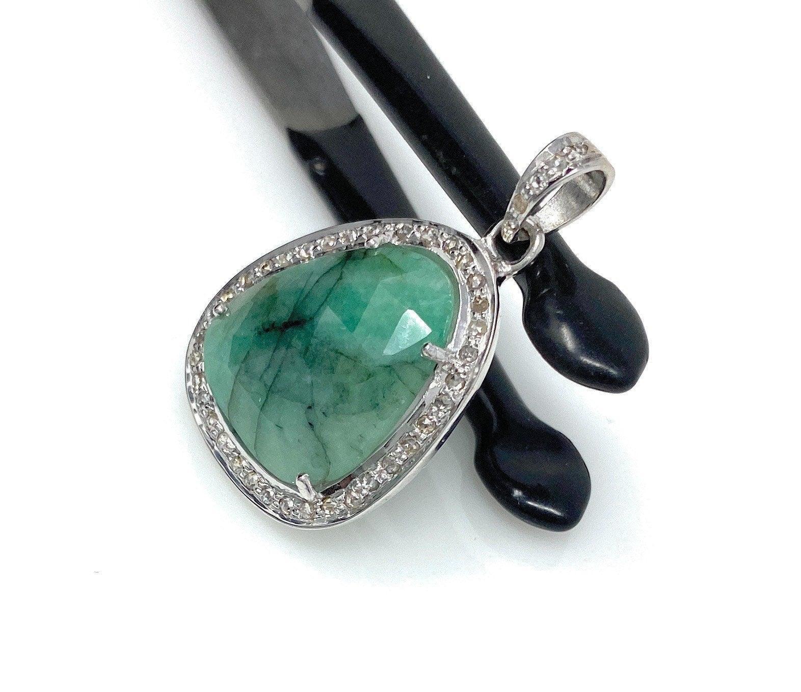 Emerald Diamond Pendant, Natural Emerald Sterling Silver Pendant, May - VirtuousWares:Global