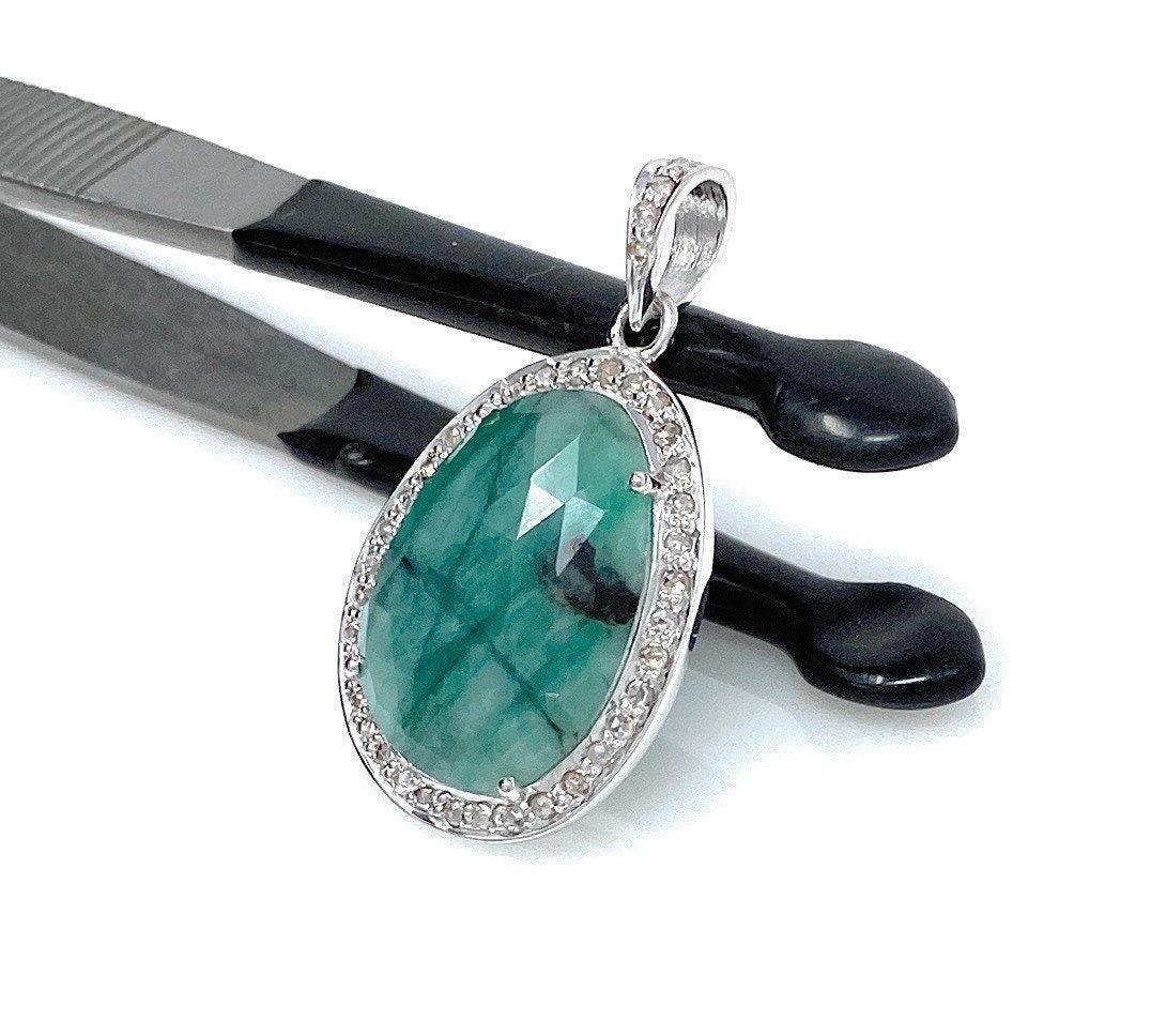 Emerald Diamond Pendant, Natural Emerald Sterling Silver Pendant, May - VirtuousWares:Global
