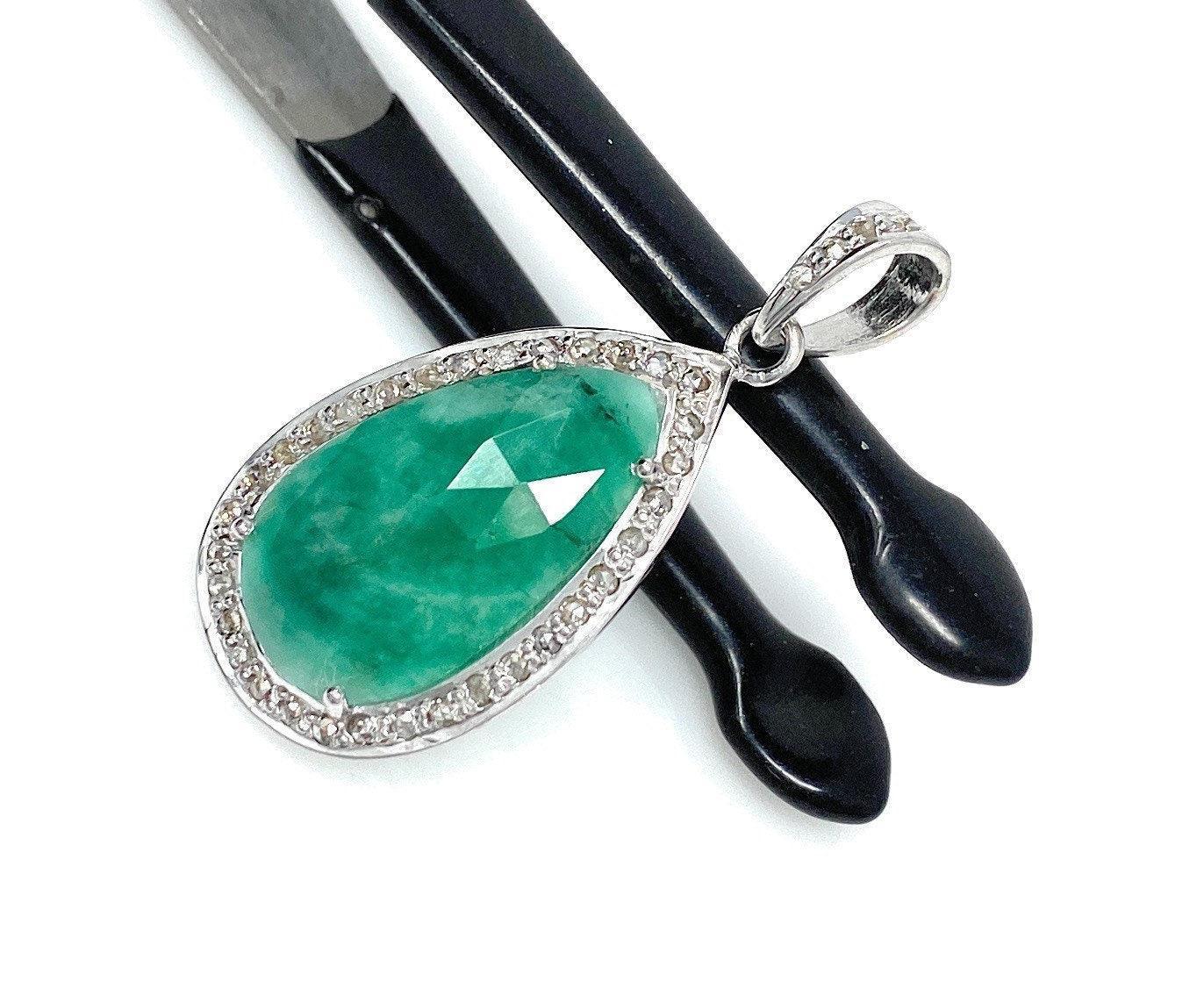 Emerald Diamond Pendant, Natural Emerald Sterling Silver Pendant, May - VirtuousWares:Global