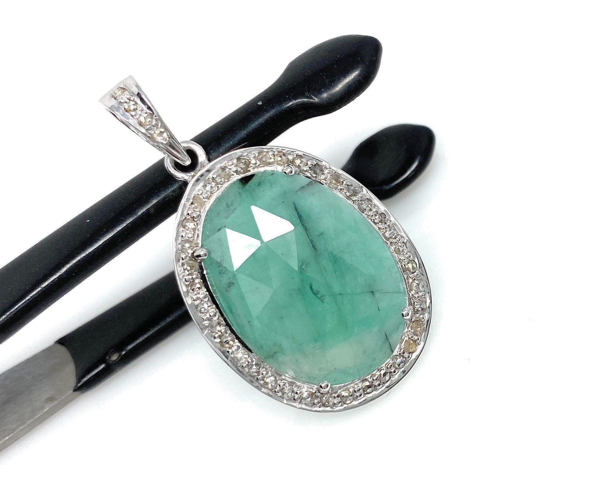 Emerald Diamond Pendant, Natural Emerald Sterling Silver Pendant, May - VirtuousWares:Global