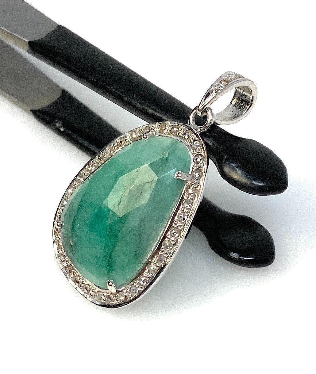 Emerald Diamond Pendant, Natural Emerald Sterling Silver Pendant, May - VirtuousWares:Global