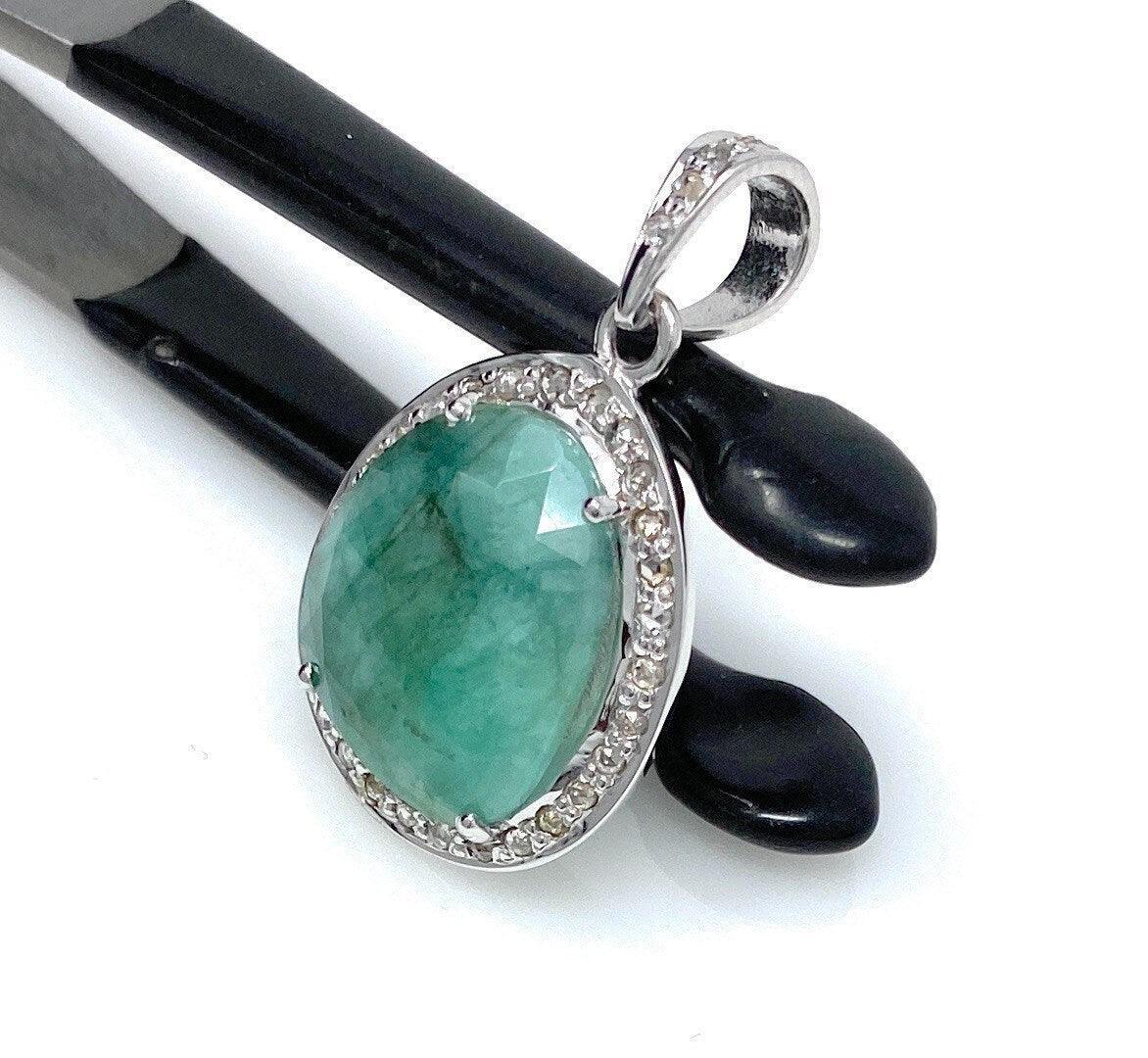 Emerald Diamond Pendant, Natural Emerald Sterling Silver Pendant, May - VirtuousWares:Global