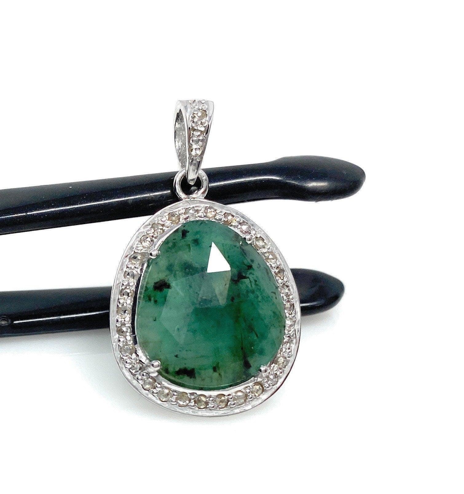 Emerald Diamond Pendant, Natural Emerald Sterling Silver Pendant, May - VirtuousWares:Global