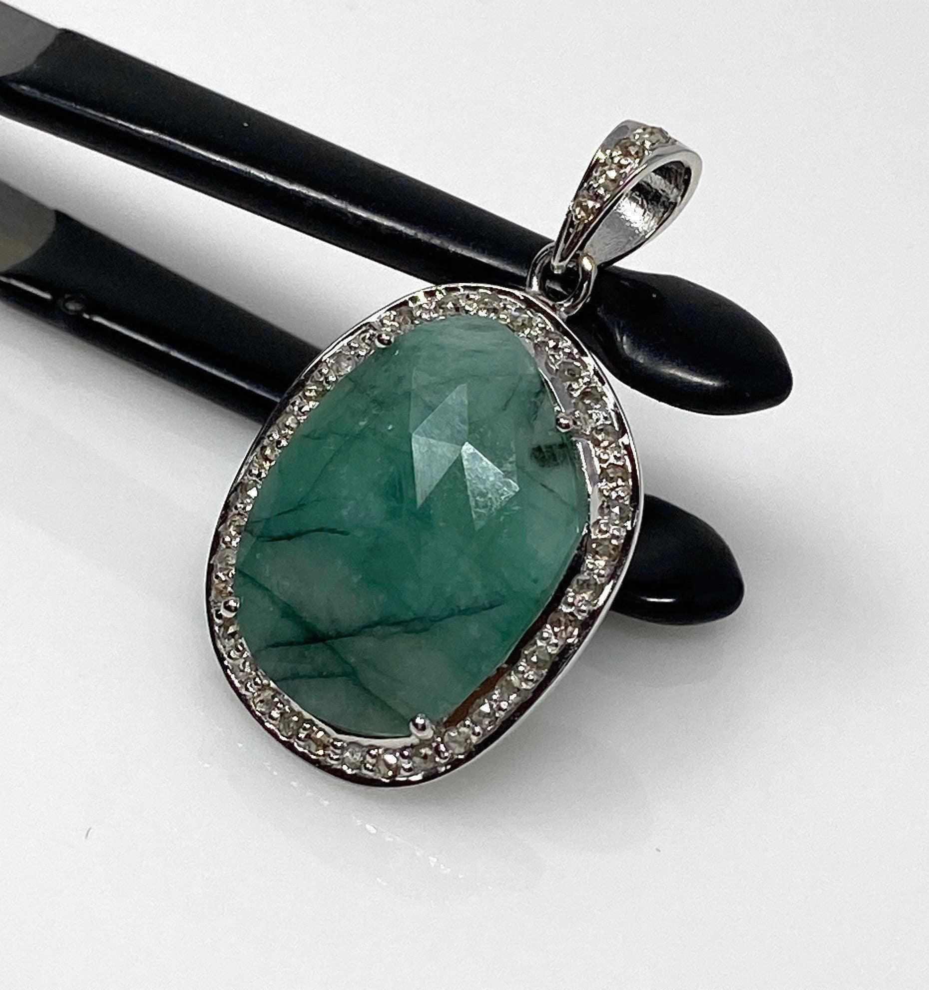 Emerald Diamond Pendant, Natural Emerald Sterling Silver Pendant, May - VirtuousWares:Global