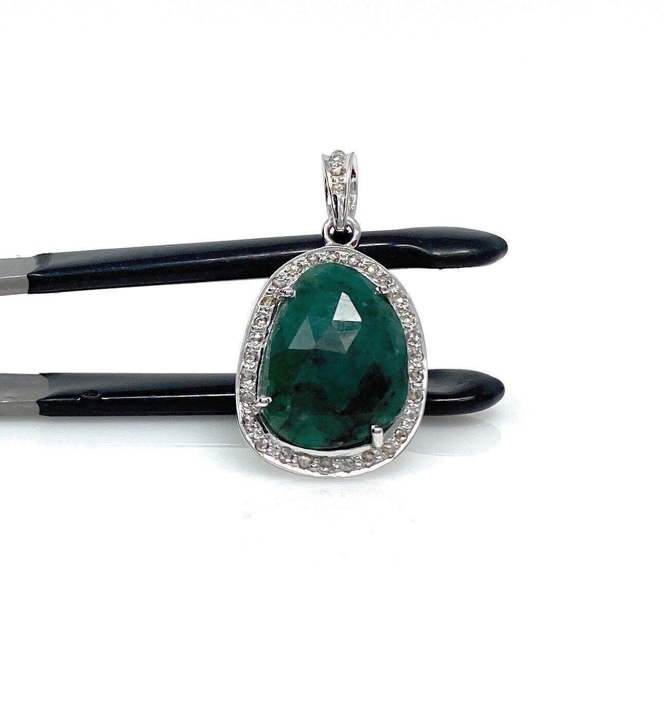 Emerald Diamond Pendant, Natural Emerald Sterling Silver Pendant, May - VirtuousWares:Global
