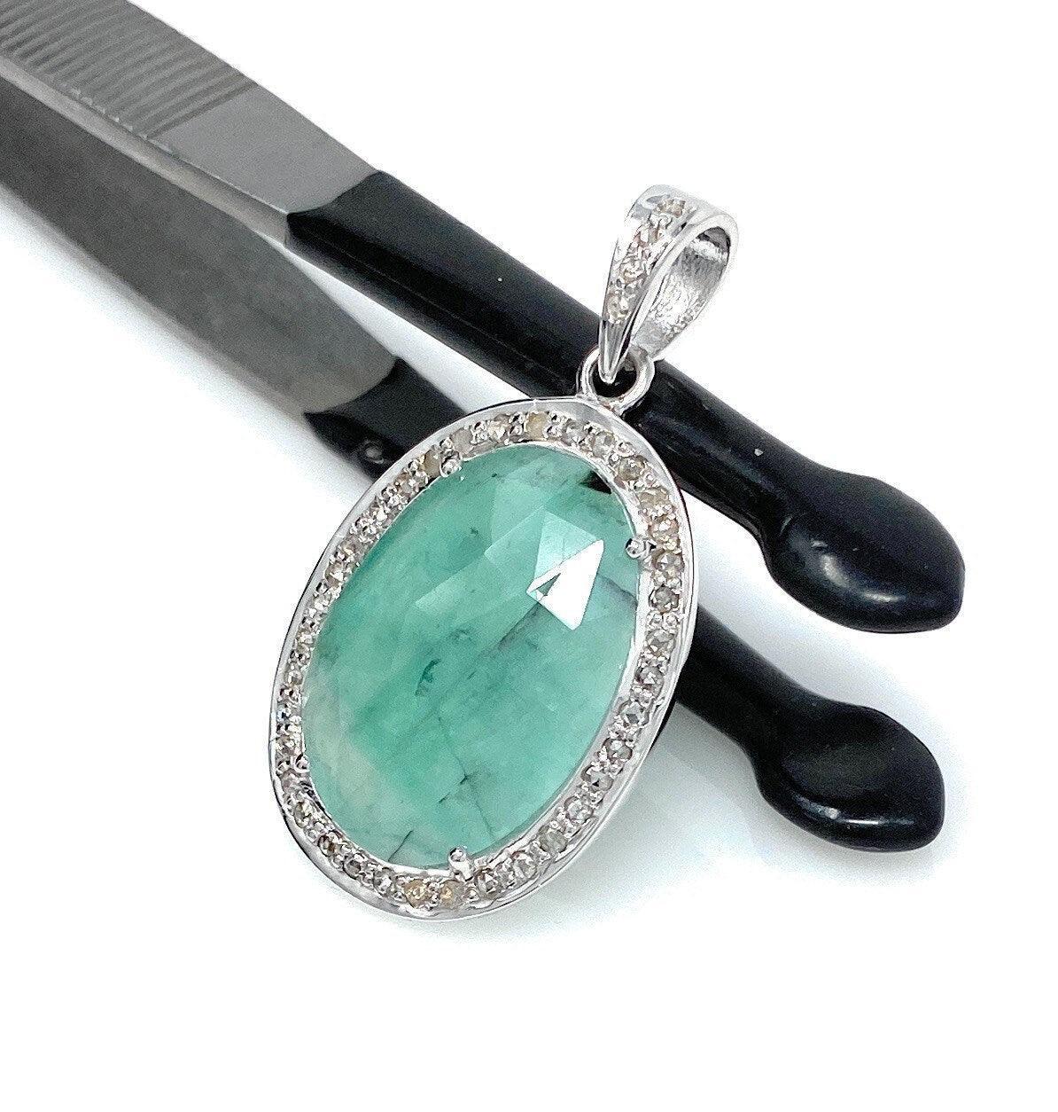 Emerald Diamond Pendant, Natural Emerald Sterling Silver Pendant, May - VirtuousWares:Global