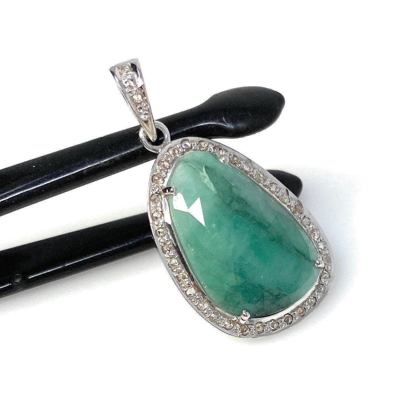 Emerald Diamond Pendant, Natural Emerald Sterling Silver Pendant, May - VirtuousWares:Global