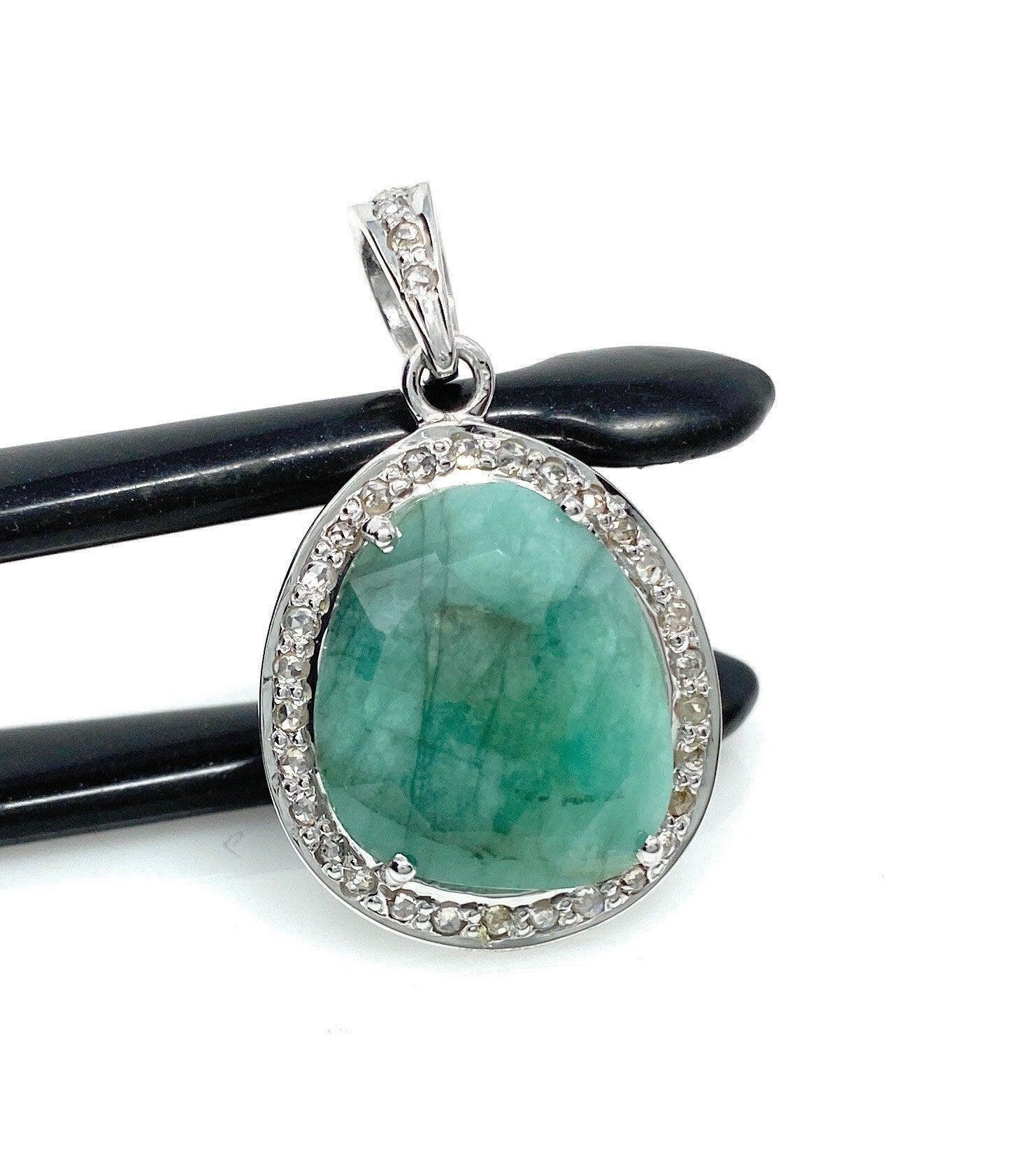 Emerald Diamond Pendant, Natural Emerald Sterling Silver Pendant, May - VirtuousWares:Global