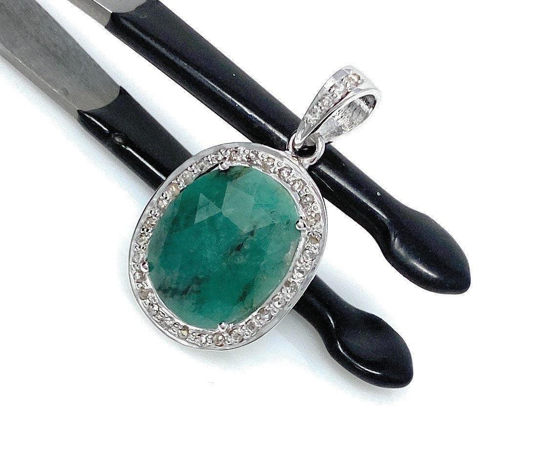 Emerald Diamond Pendant, Natural Emerald Sterling Silver Pendant, May - VirtuousWares:Global