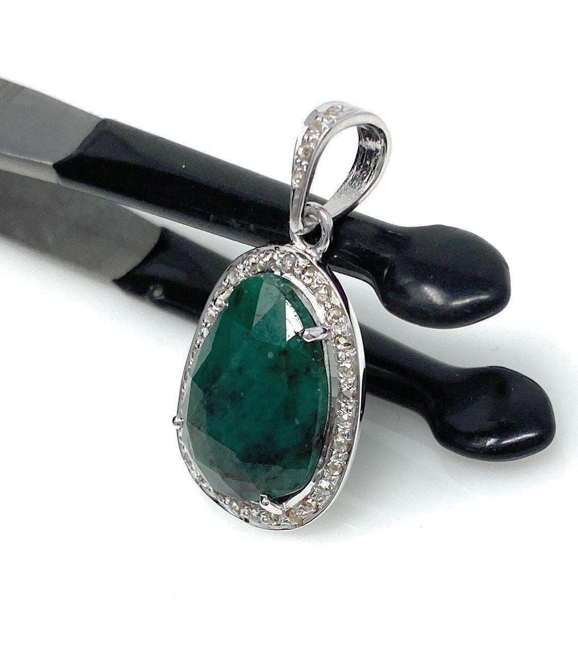 Emerald Diamond Pendant, Natural Emerald Sterling Silver Pendant, May - VirtuousWares:Global