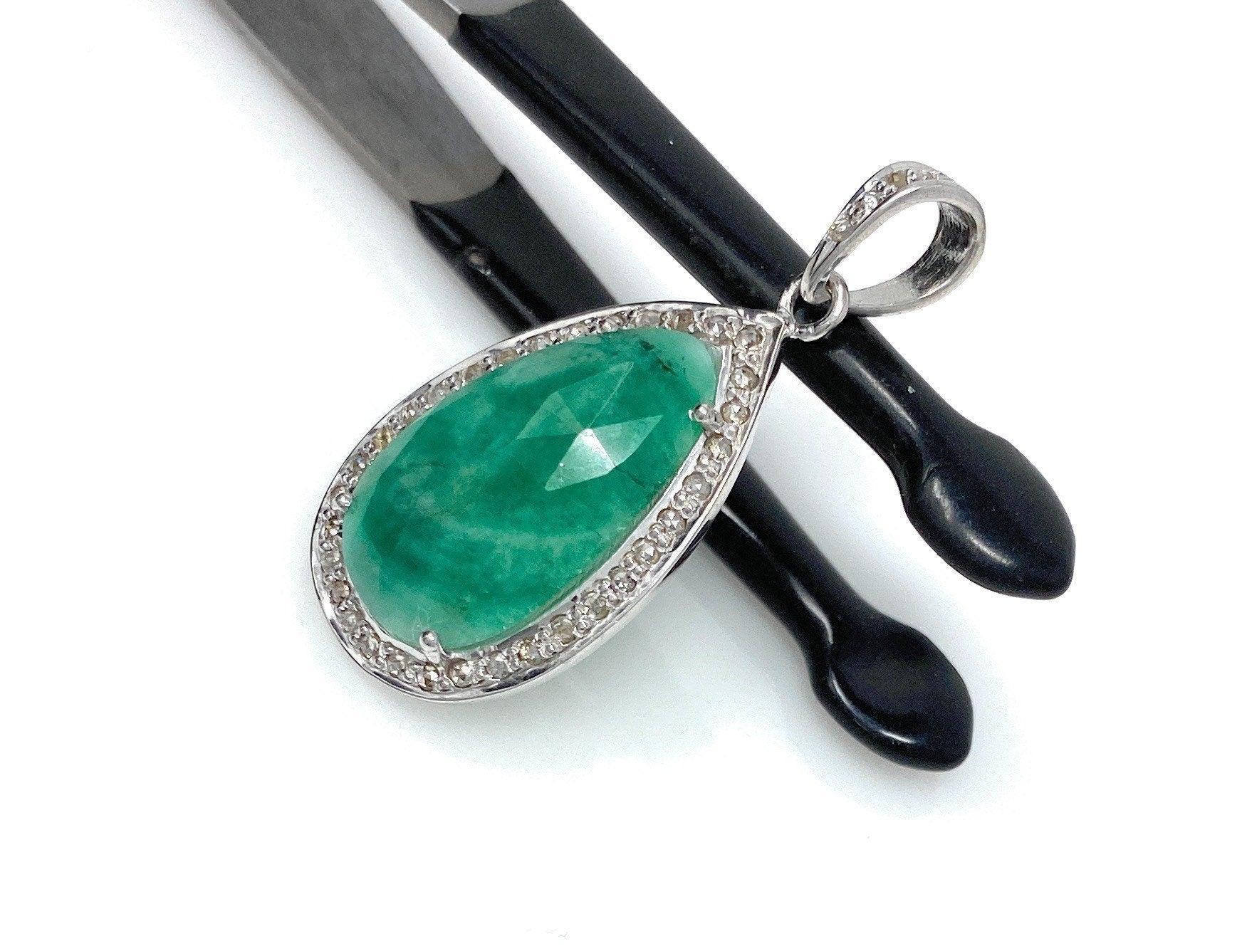 Emerald Diamond Pendant, Natural Emerald Sterling Silver Pendant, May - VirtuousWares:Global