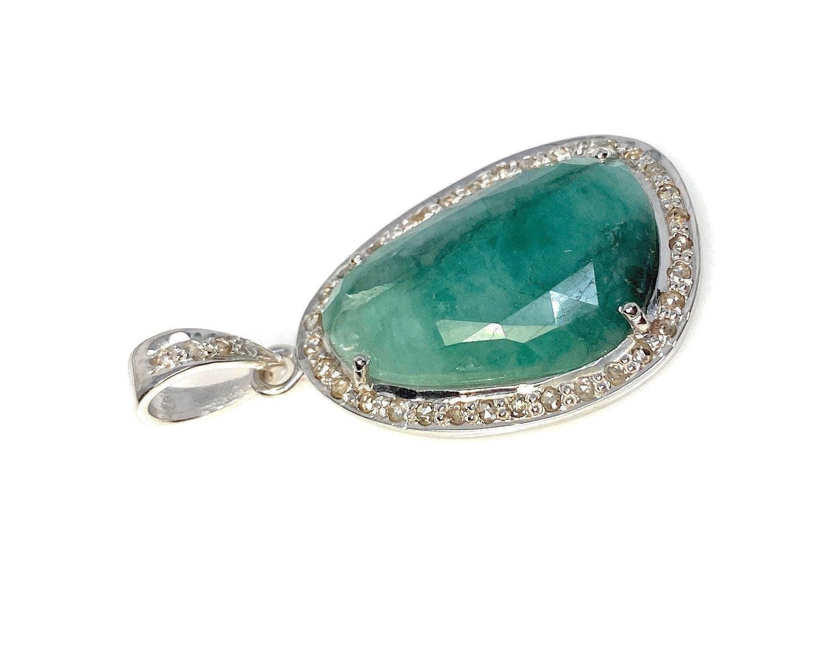 Emerald Diamond Pendant, Natural Emerald Sterling Silver Pendant, May - VirtuousWares:Global