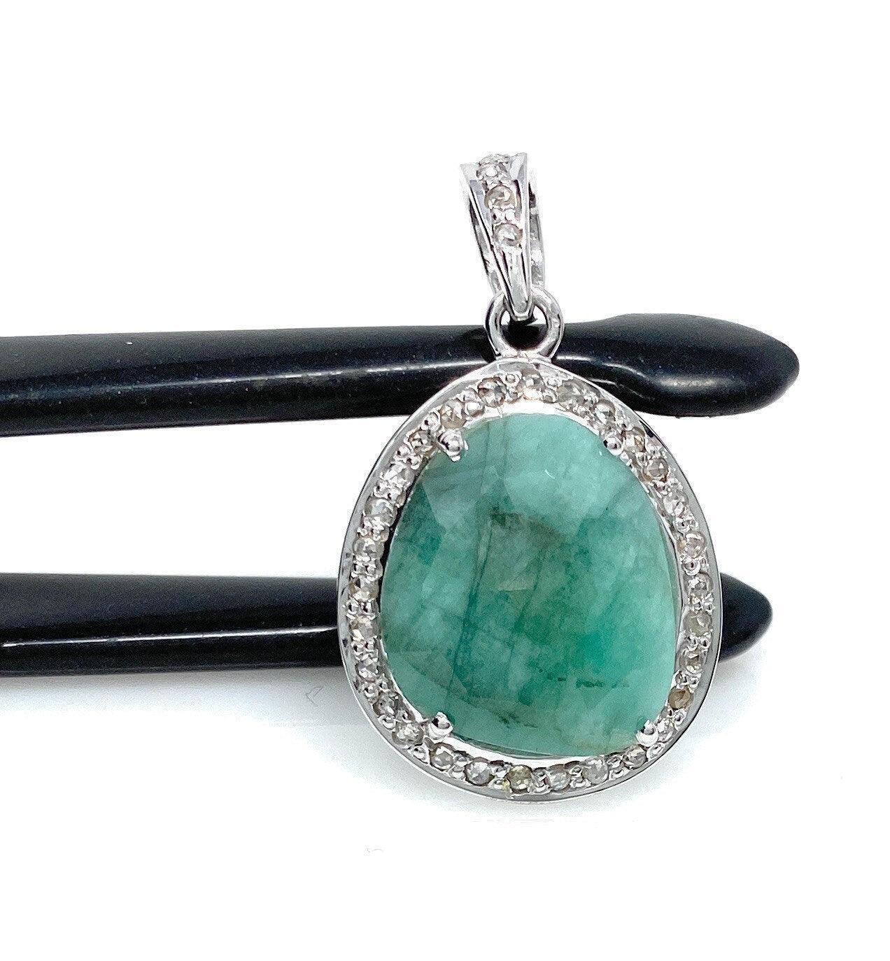 Emerald Diamond Pendant, Natural Emerald Sterling Silver Pendant, May - VirtuousWares:Global