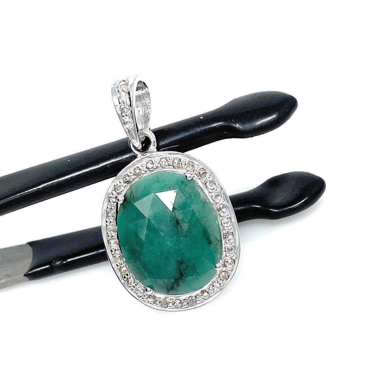 Emerald Diamond Pendant, Natural Emerald Sterling Silver Pendant, May - VirtuousWares:Global