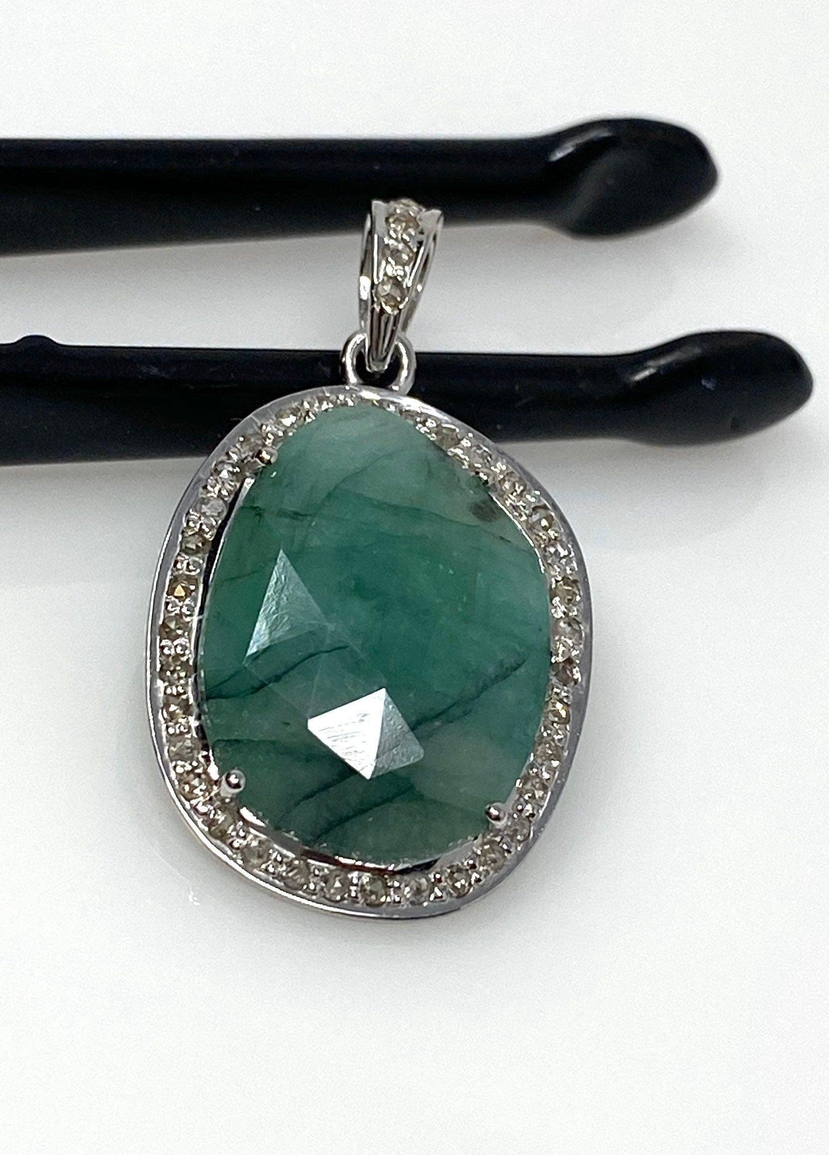Emerald Diamond Pendant, Natural Emerald Sterling Silver Pendant, May - VirtuousWares:Global