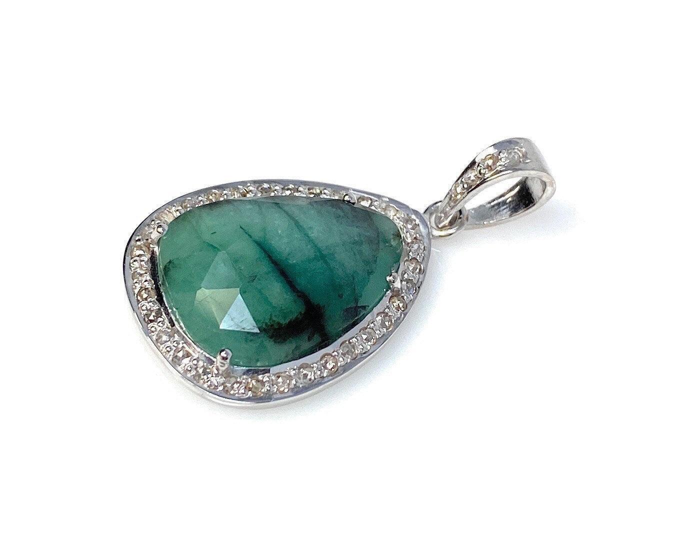 Emerald Diamond Pendant, Natural Emerald Sterling Silver Pendant, May - VirtuousWares:Global