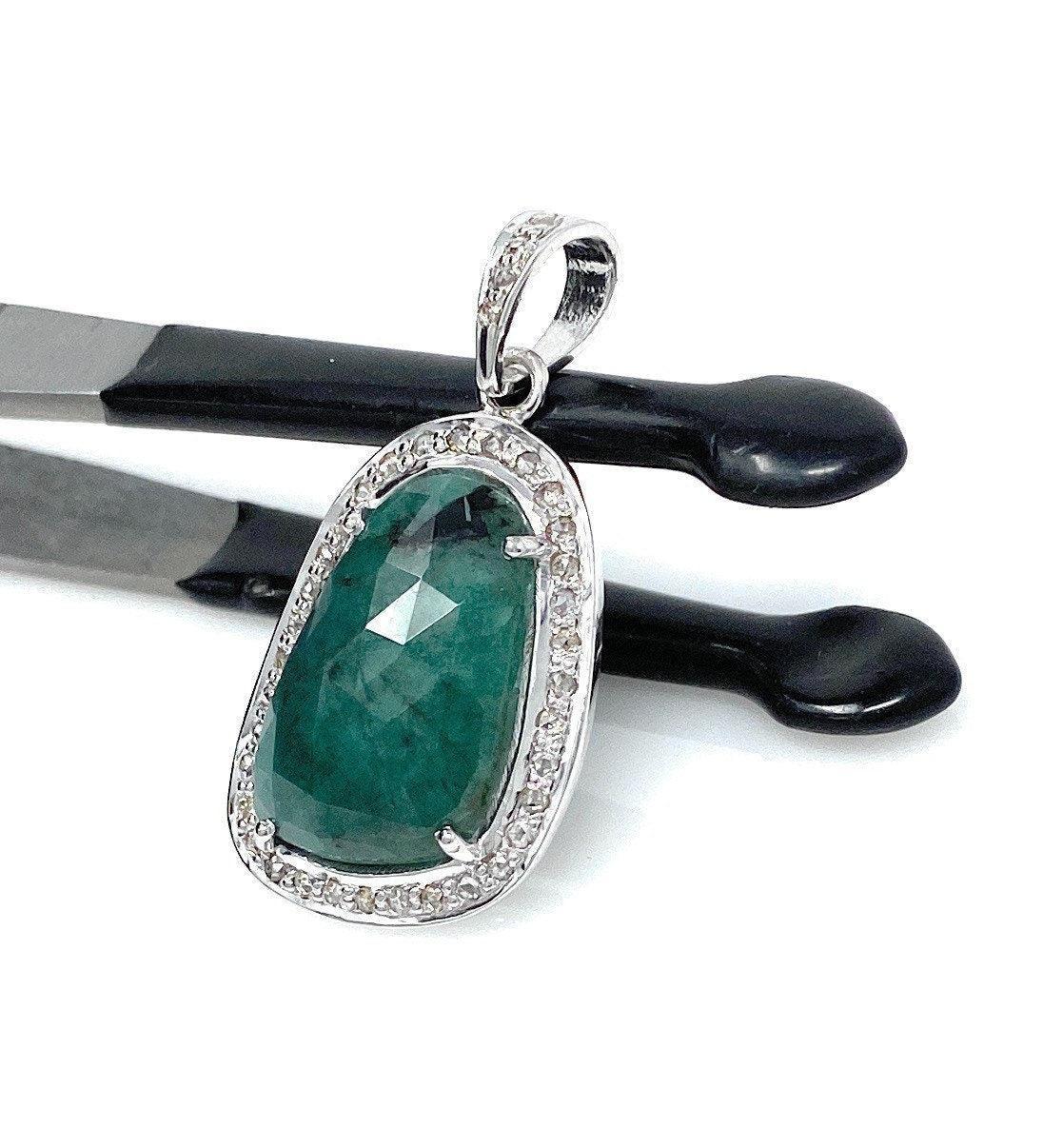 Emerald Diamond Pendant, Natural Emerald Sterling Silver Pendant, May - VirtuousWares:Global