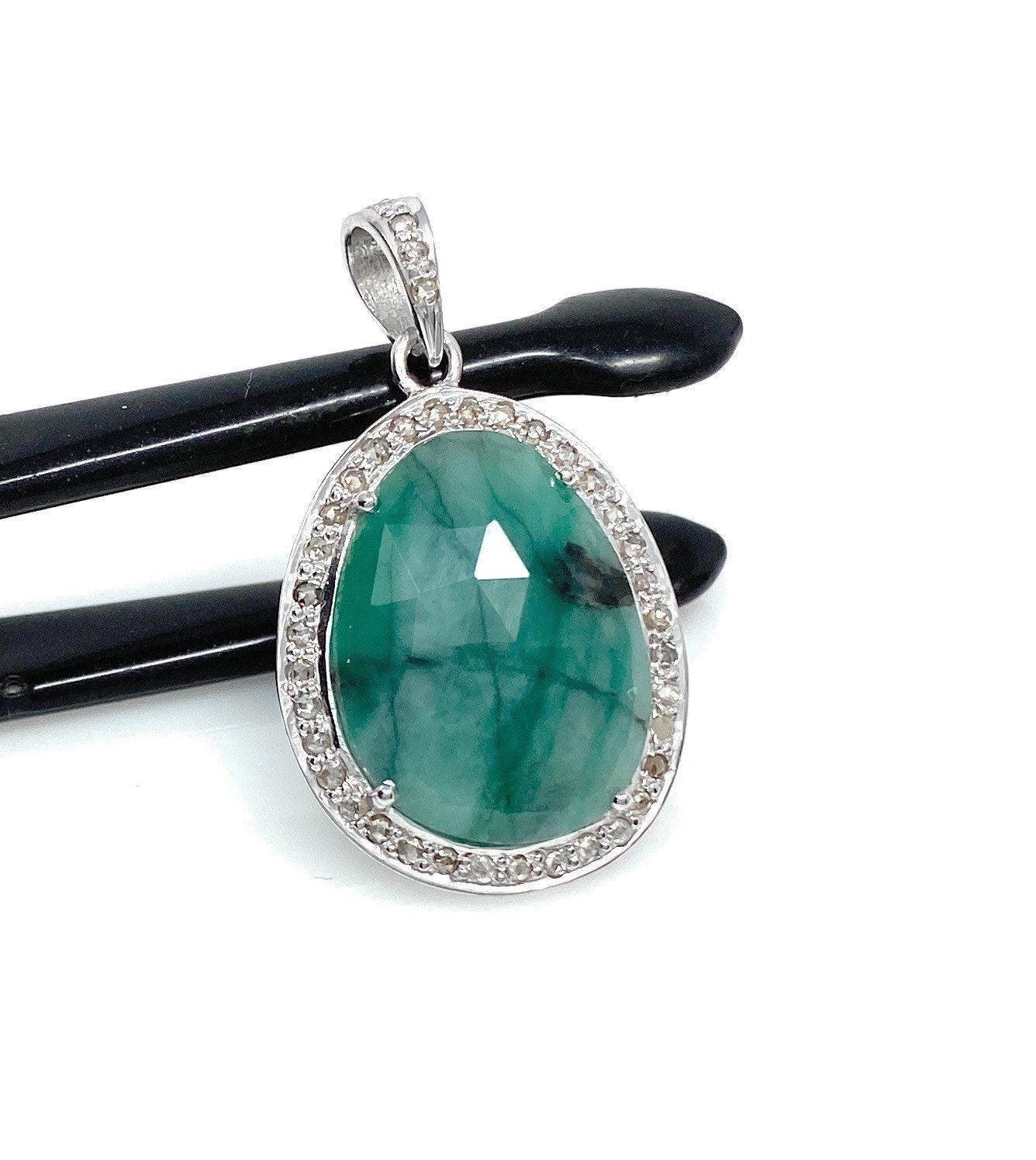 Emerald Diamond Pendant, Natural Emerald Sterling Silver Pendant, May - VirtuousWares:Global
