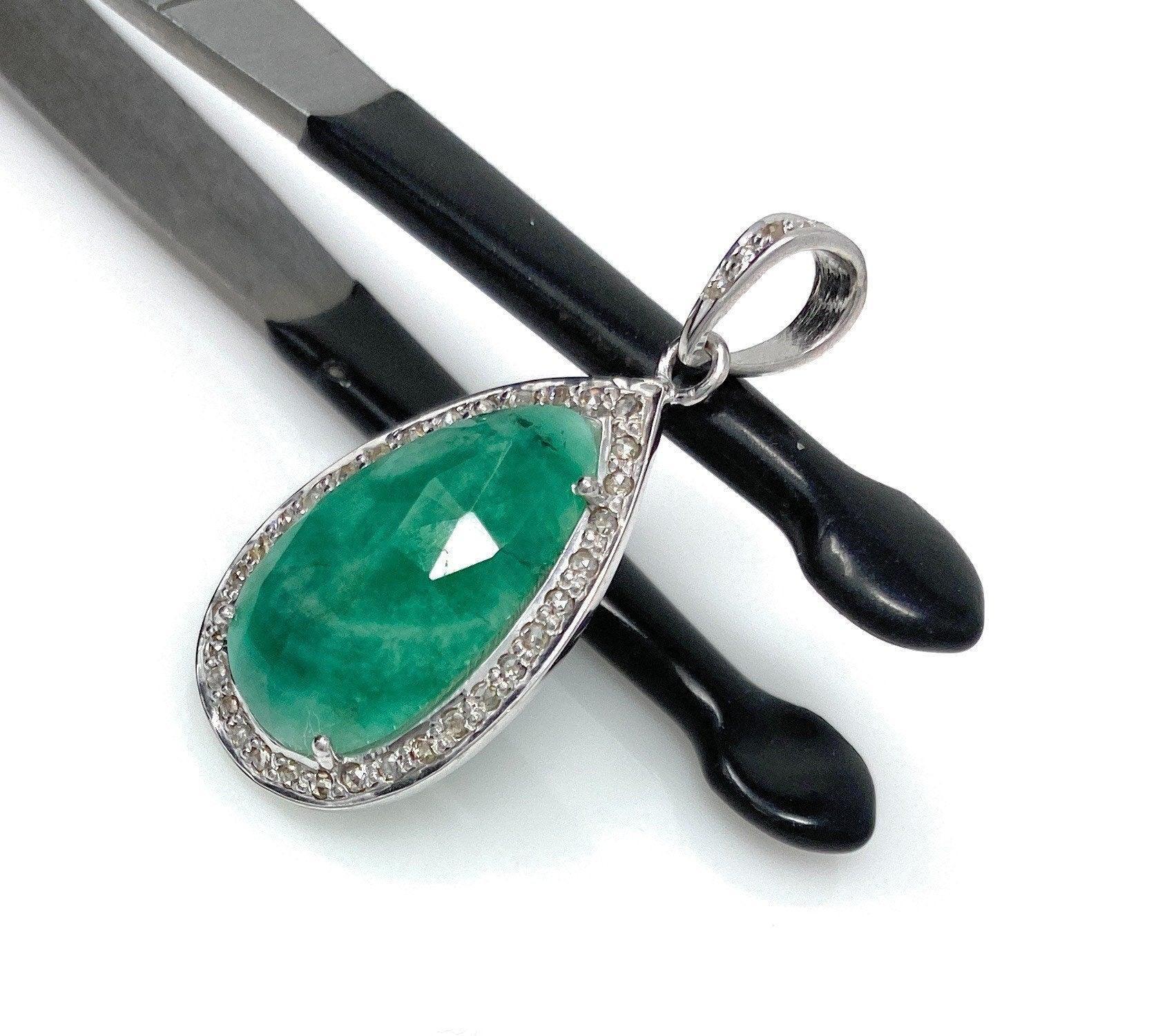 Emerald Diamond Pendant, Natural Emerald Sterling Silver Pendant, May - VirtuousWares:Global