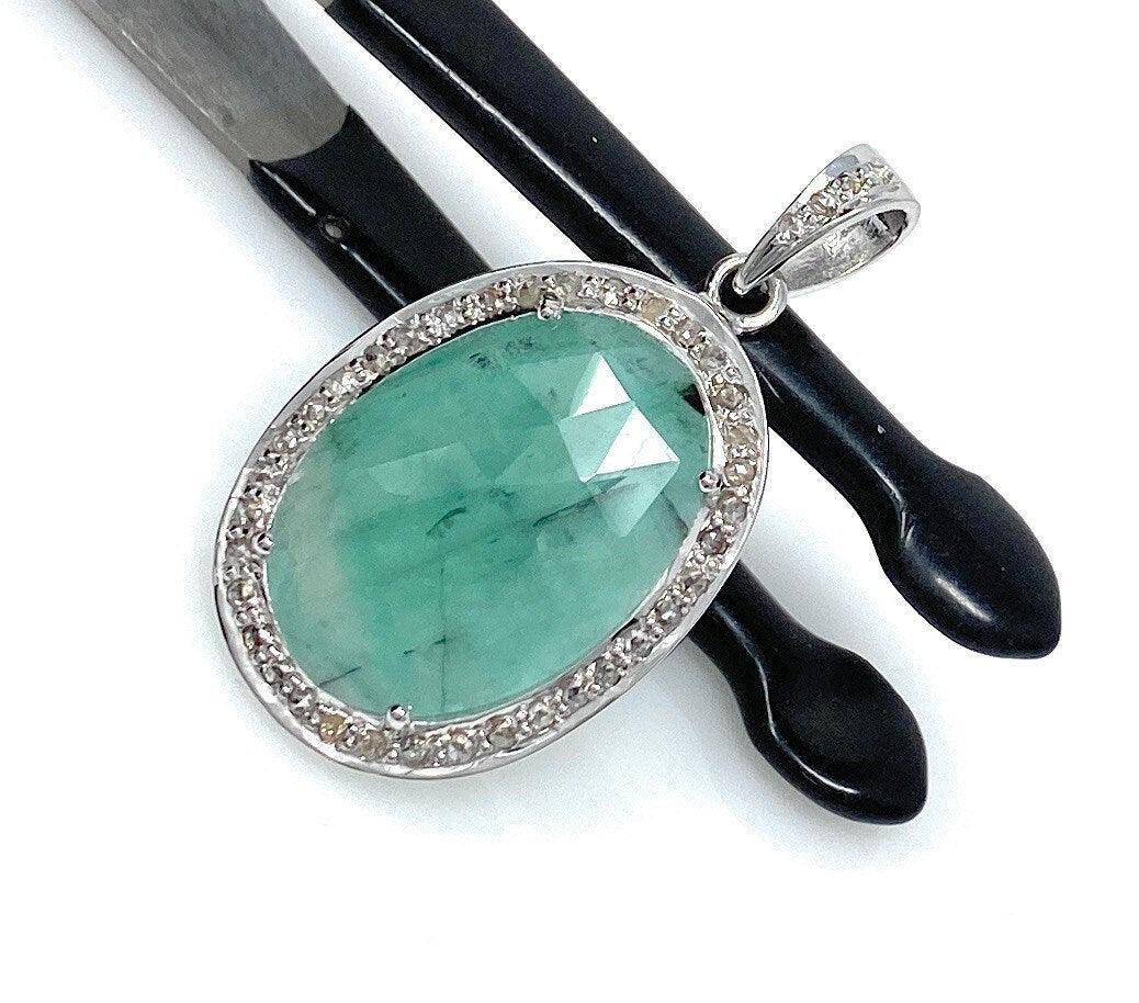 Emerald Diamond Pendant, Natural Emerald Sterling Silver Pendant, May - VirtuousWares:Global