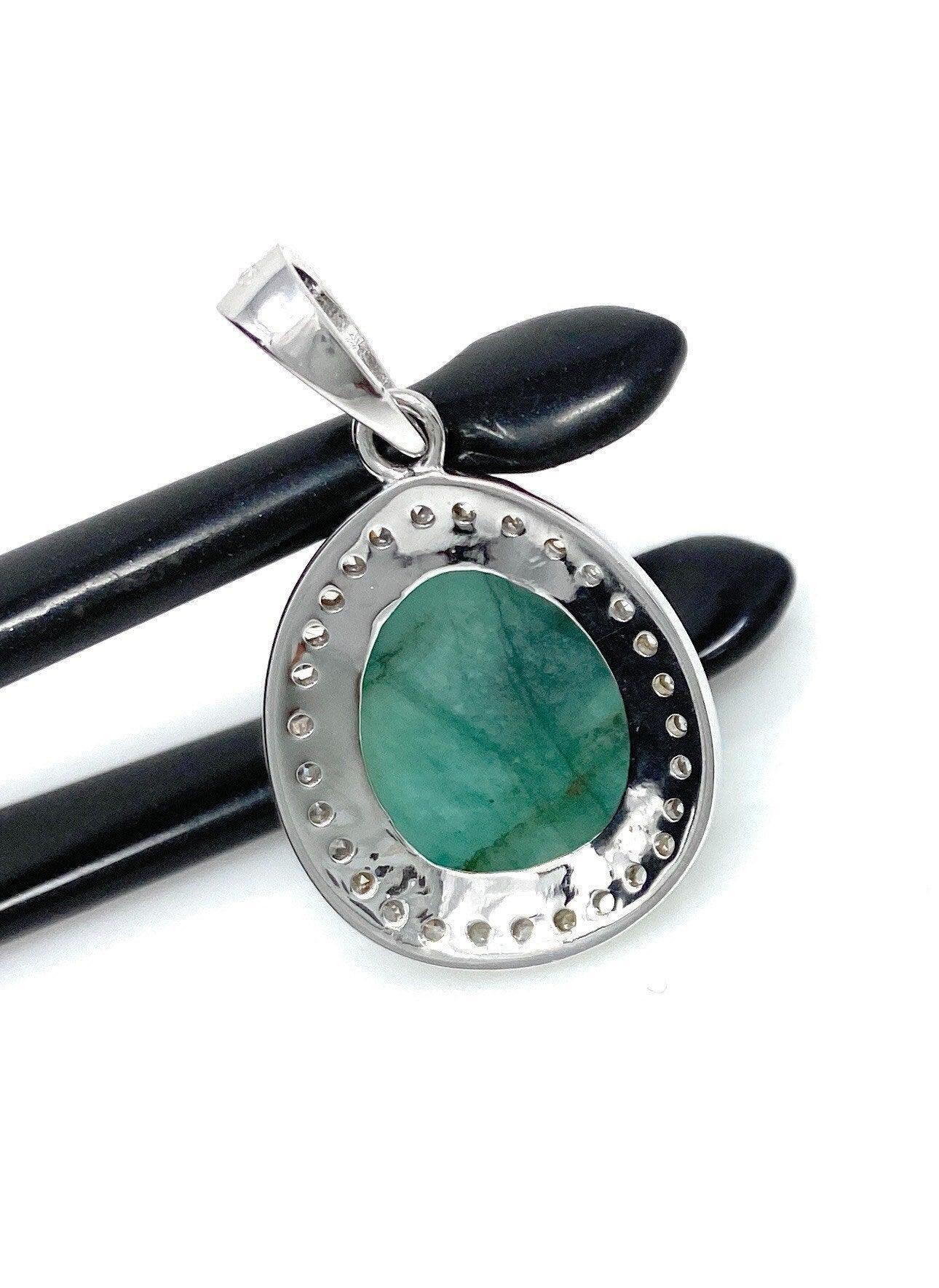 Emerald Diamond Pendant, Natural Emerald Sterling Silver Pendant, May - VirtuousWares:Global