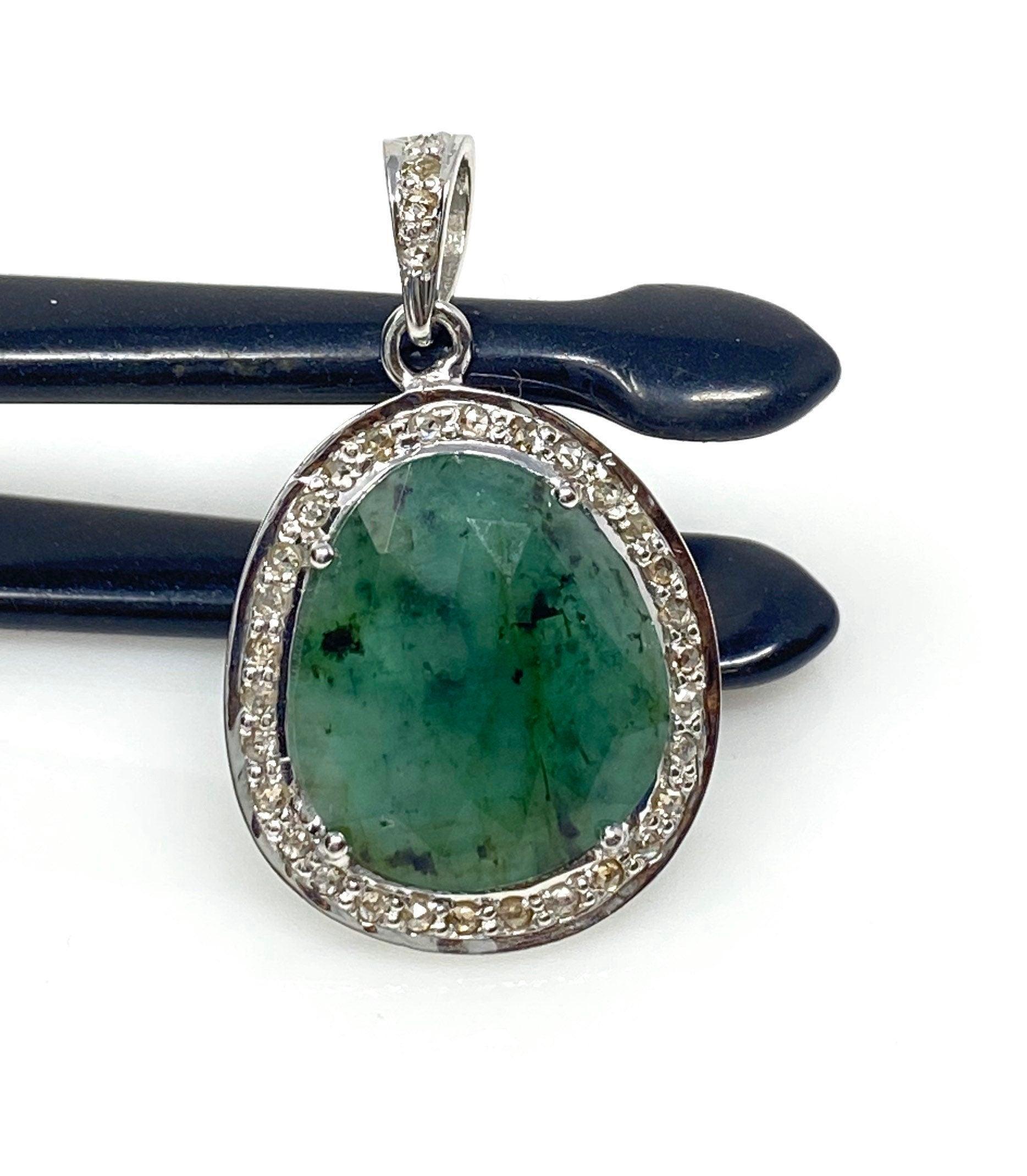 Emerald Diamond Pendant, Natural Emerald Sterling Silver Pendant, May - VirtuousWares:Global
