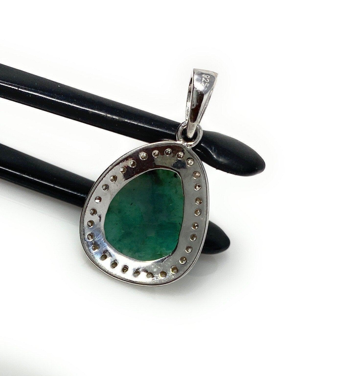 Emerald Diamond Pendant, Natural Emerald Sterling Silver Pendant, May - VirtuousWares:Global