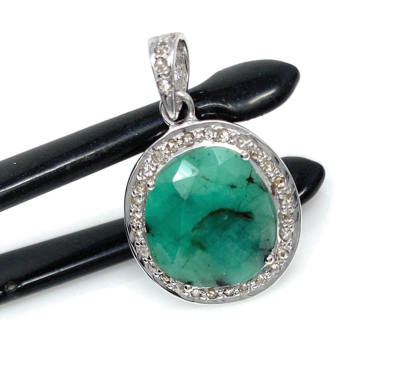 Emerald Diamond Pendant, Natural Emerald Sterling Silver Pendant, May - VirtuousWares:Global