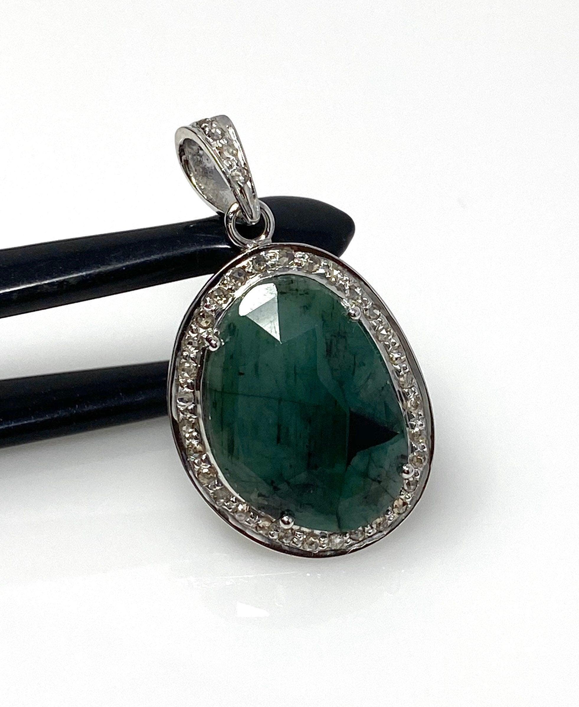 Emerald Diamond Pendant, Natural Emerald Sterling Silver Pendant, May - VirtuousWares:Global