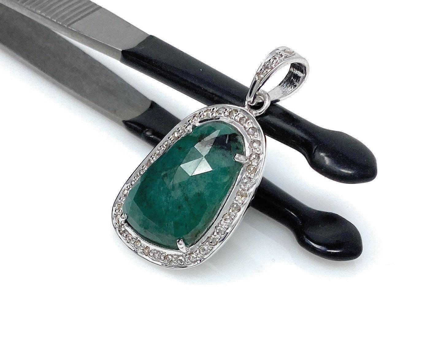 Emerald Diamond Pendant, Natural Emerald Sterling Silver Pendant, May - VirtuousWares:Global