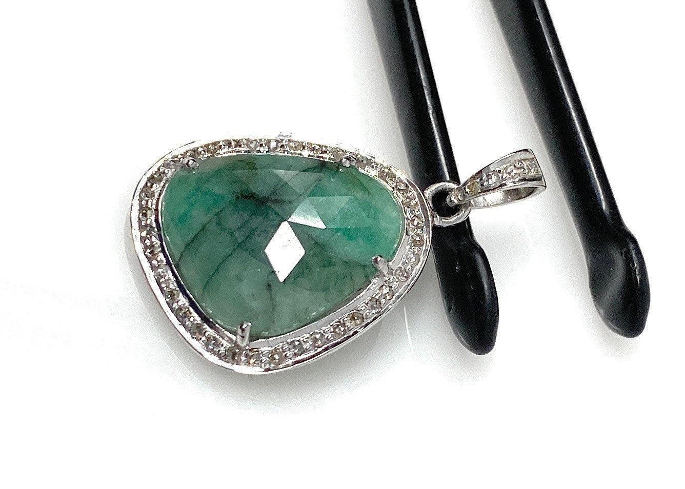 Emerald Diamond Pendant, Natural Emerald Sterling Silver Pendant, May - VirtuousWares:Global