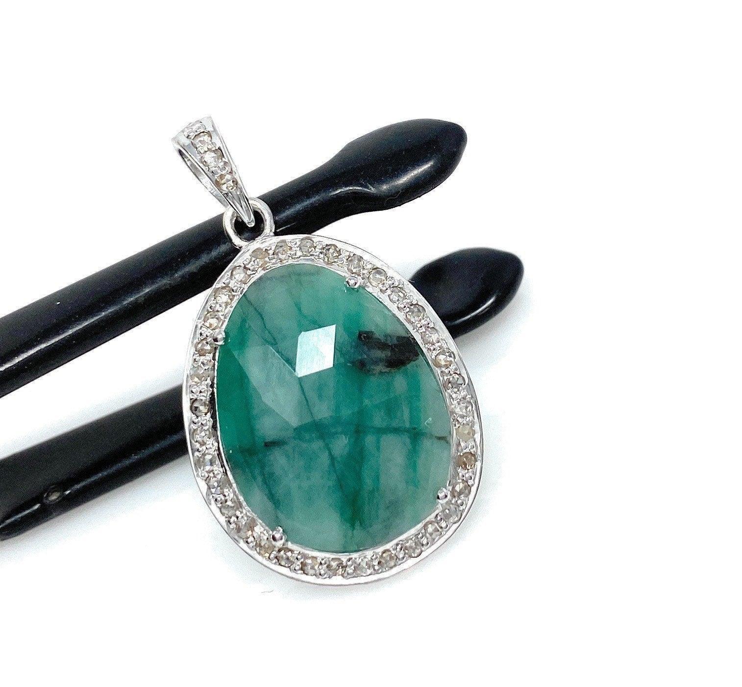 Emerald Diamond Pendant, Natural Emerald Sterling Silver Pendant, May - VirtuousWares:Global