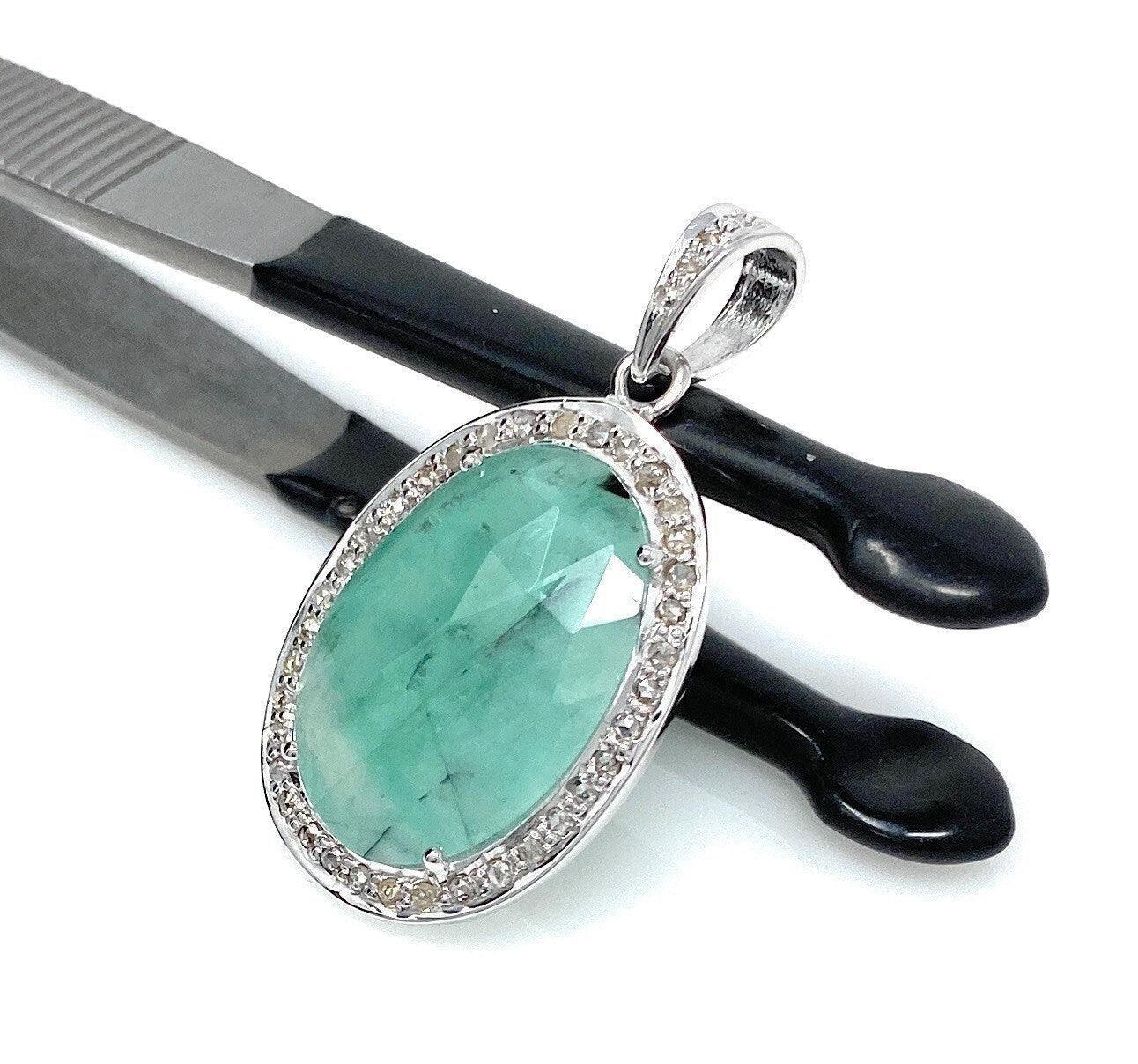 Emerald Diamond Pendant, Natural Emerald Sterling Silver Pendant, May - VirtuousWares:Global