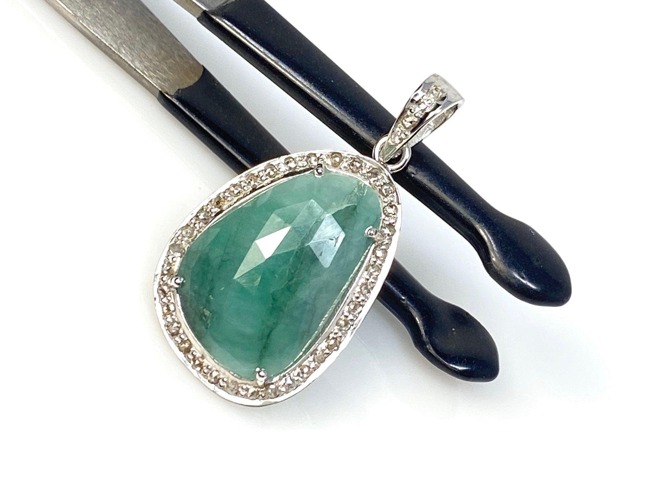 Emerald Diamond Pendant, Natural Emerald Sterling Silver Pendant, May - VirtuousWares:Global
