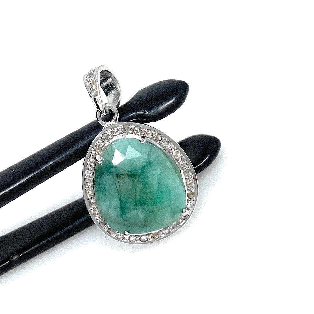 Emerald Diamond Pendant, Natural Emerald Sterling Silver Pendant, May - VirtuousWares:Global