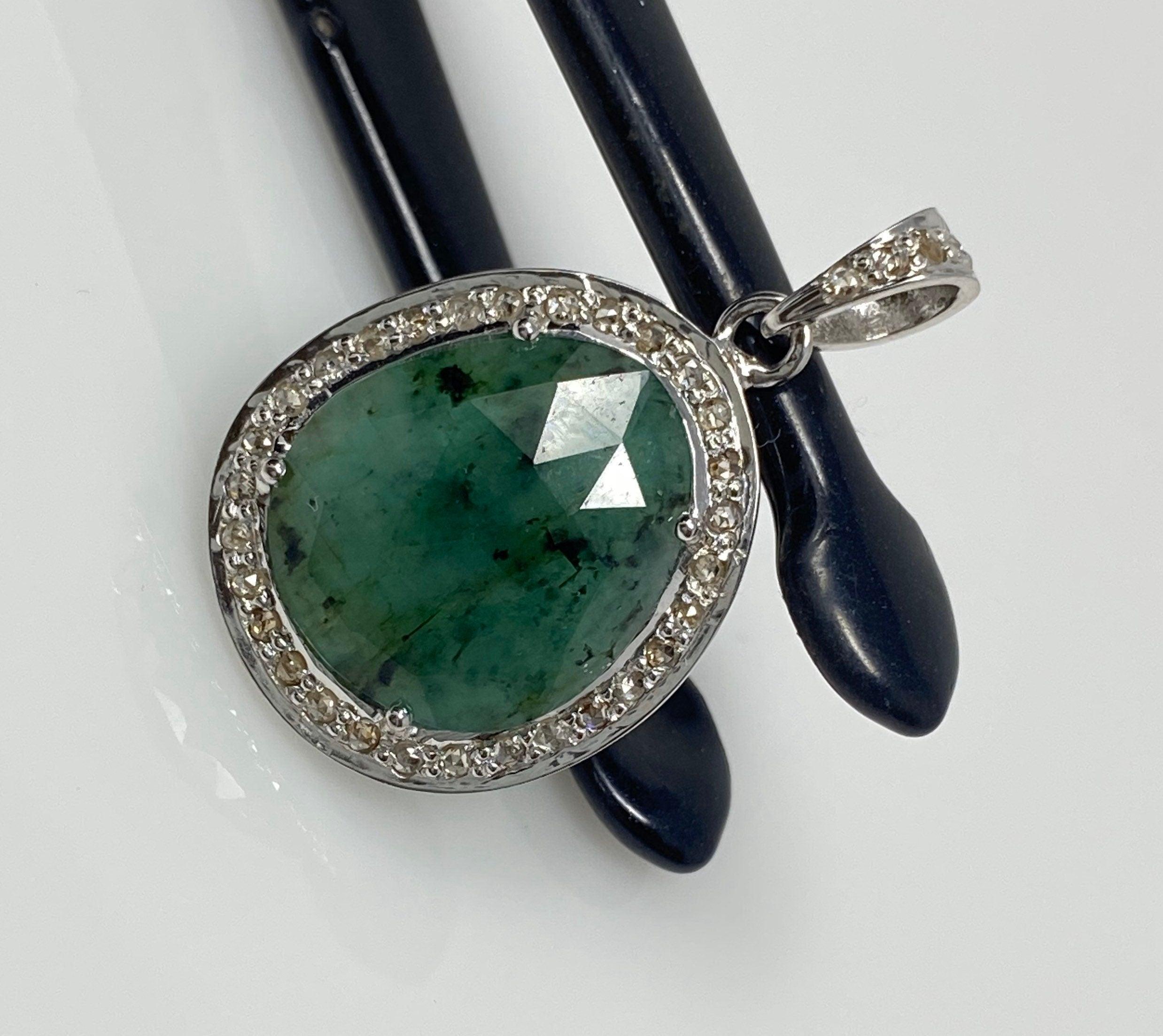 Emerald Diamond Pendant, Natural Emerald Sterling Silver Pendant, May - VirtuousWares:Global