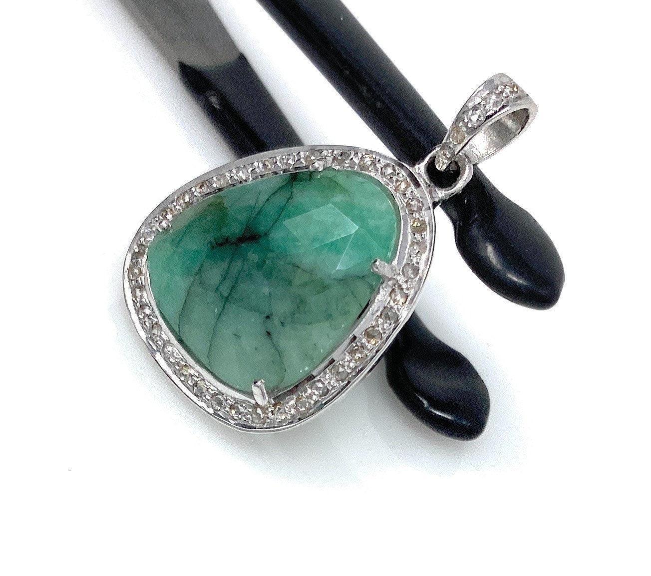 Emerald Diamond Pendant, Natural Emerald Sterling Silver Pendant, May - VirtuousWares:Global