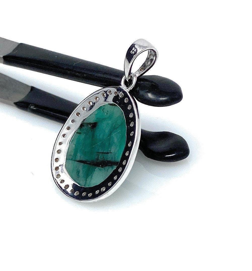 Emerald Diamond Pendant, Natural Emerald Sterling Silver Pendant, May - VirtuousWares:Global