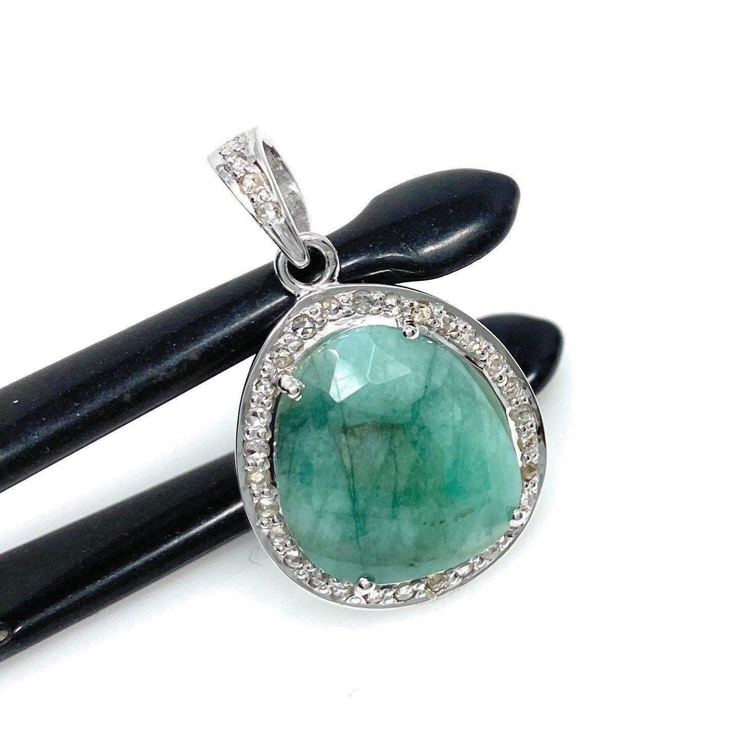 Emerald Diamond Pendant, Natural Emerald Sterling Silver Pendant, May - VirtuousWares:Global