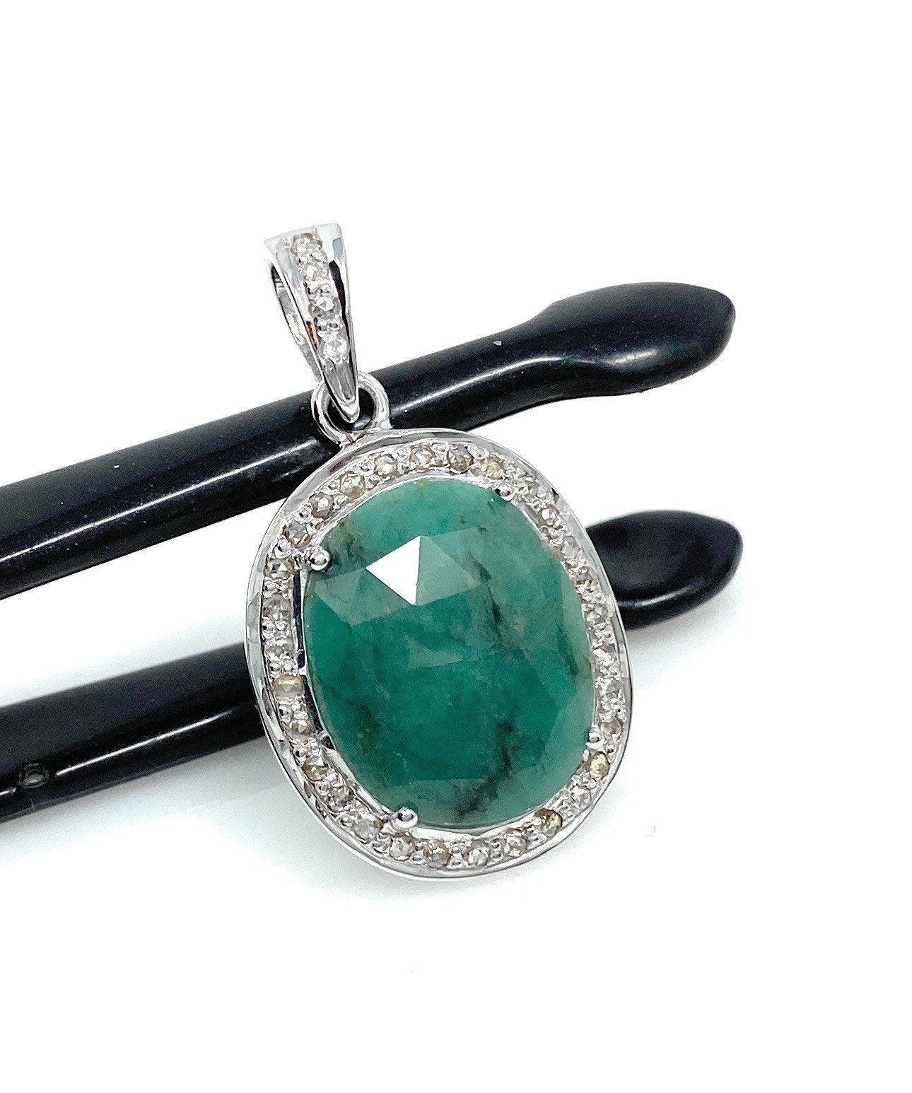 Emerald Diamond Pendant, Natural Emerald Sterling Silver Pendant, May - VirtuousWares:Global